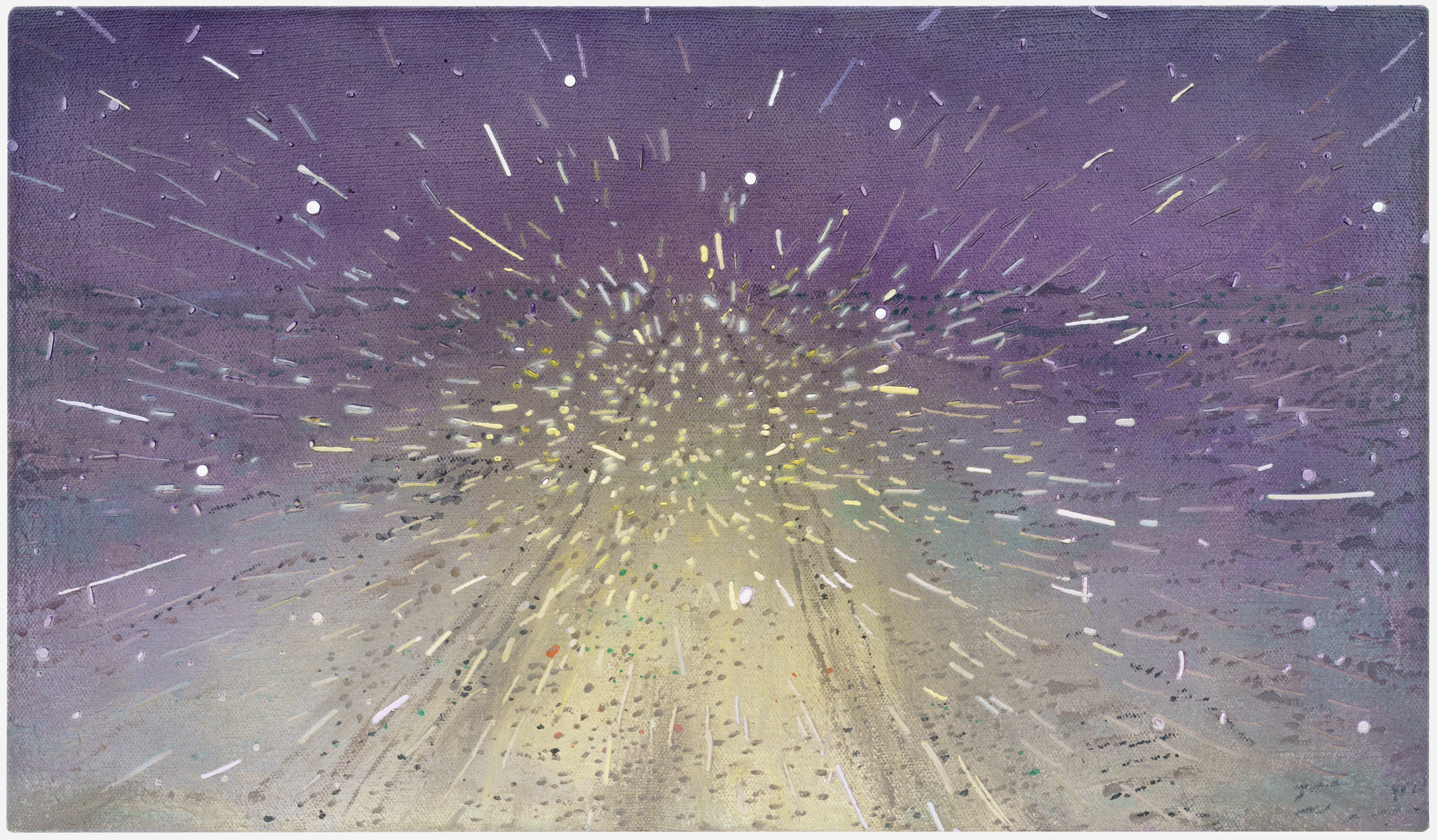 Radiating bursts of yellow-green light emanate from a central point against a deep purple sky, with streaking white and pale lines extending outward across the composition, creating a sense of movement and depth receding into a textured, muted landscape below.