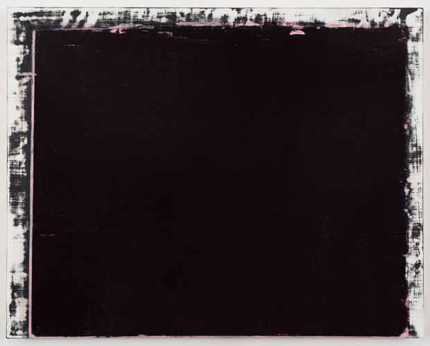 A large dark rectangular composition with a predominantly black center field, bordered by a textured white and gray frame showing gestural marks and subtle color variations along the edges.