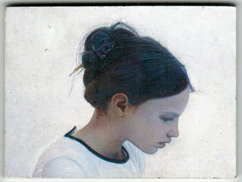 Profile portrait of a young person with dark hair pulled up in a bun, wearing a light-colored shirt with dark trim, shown in three-quarter view against a pale background. The painting employs soft, naturalistic brushwork with muted tones of flesh, blue-black hair, and cream.