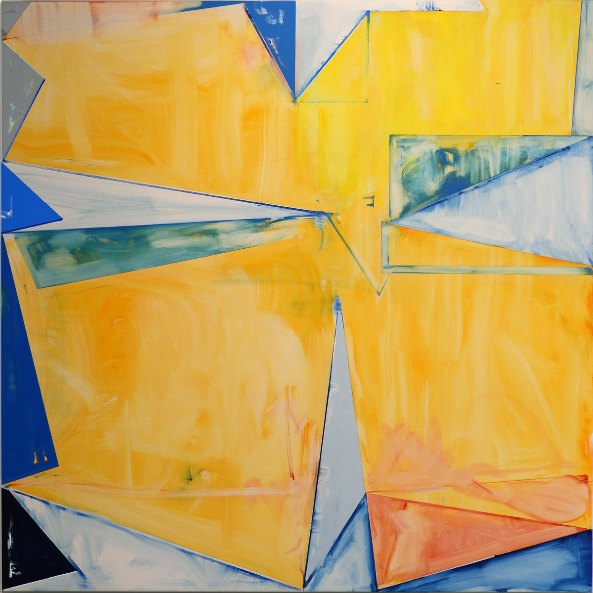 Abstract geometric composition featuring overlapping angular shapes in vibrant yellows, blues, and whites, with accents of orange and teal. The fragmented planes create a dynamic, interlocking pattern across the canvas, suggesting movement and depth through layered color fields and sharp linear divisions.