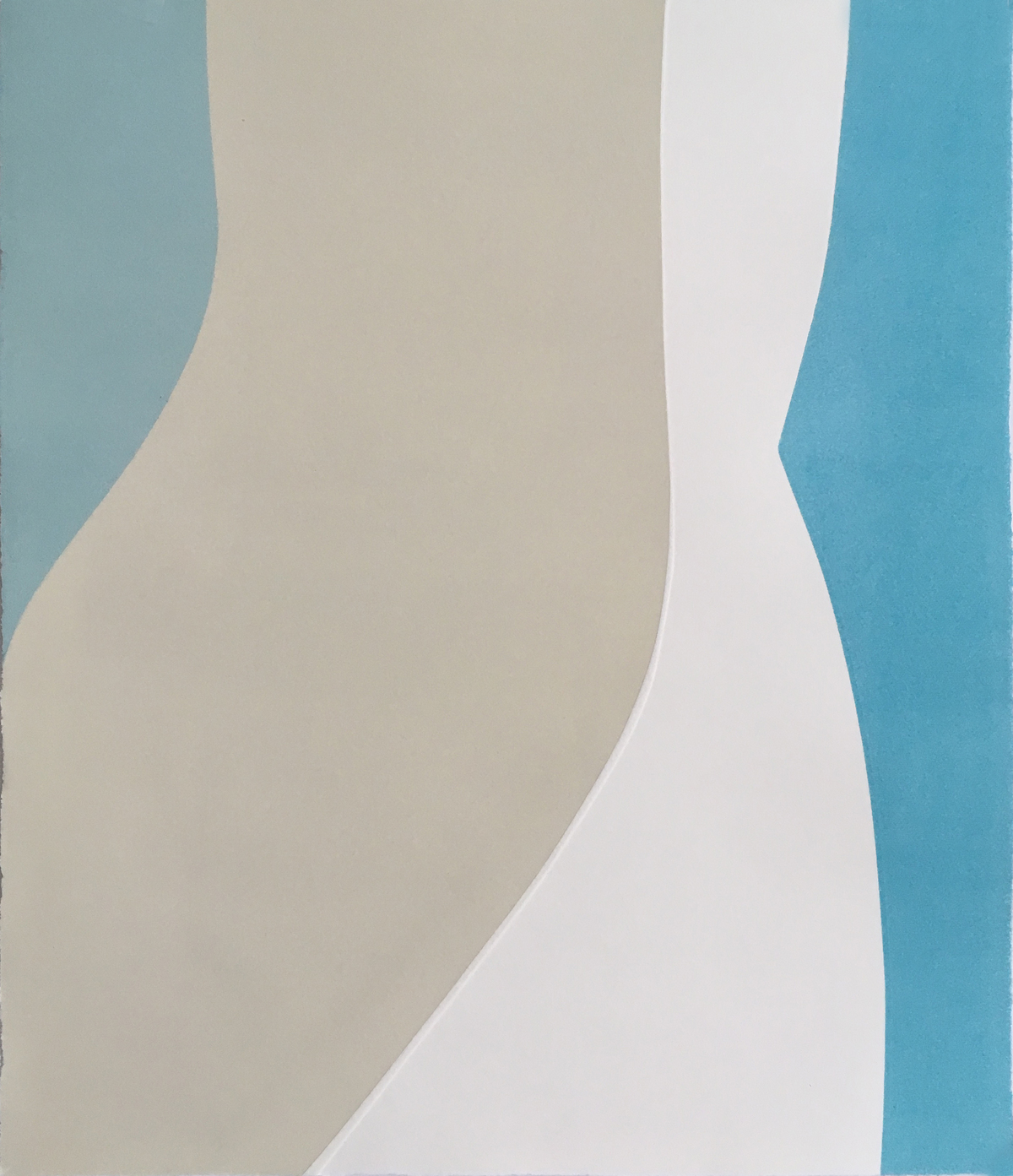 Abstract relief print featuring flowing, curved forms in soft teal, cream, and white creating a sense of movement and depth through layered, organic shapes.