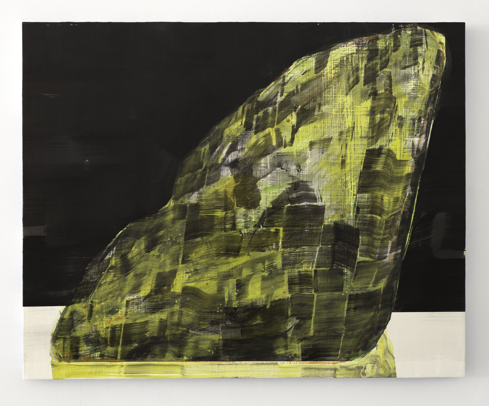 An abstract sculptural form painted in vibrant chartreuse yellow and dark charcoal, rendered with gestural brushstrokes and cross-hatching. The angular, upright composition sits against a stark black and white background, suggesting a monumental stone or mineral shape.