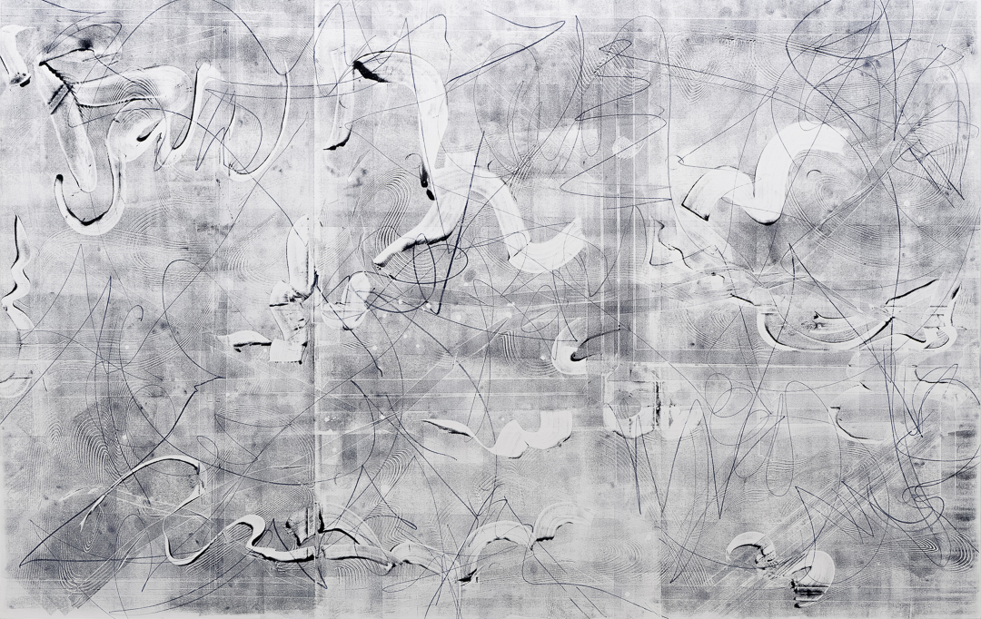 Abstract composition in monochromatic grays and blacks featuring overlapping gestural marks, curved lines, and organic forms layered across a textured surface. Delicate linear elements and semi-transparent shapes create depth against a mottled, weathered ground.