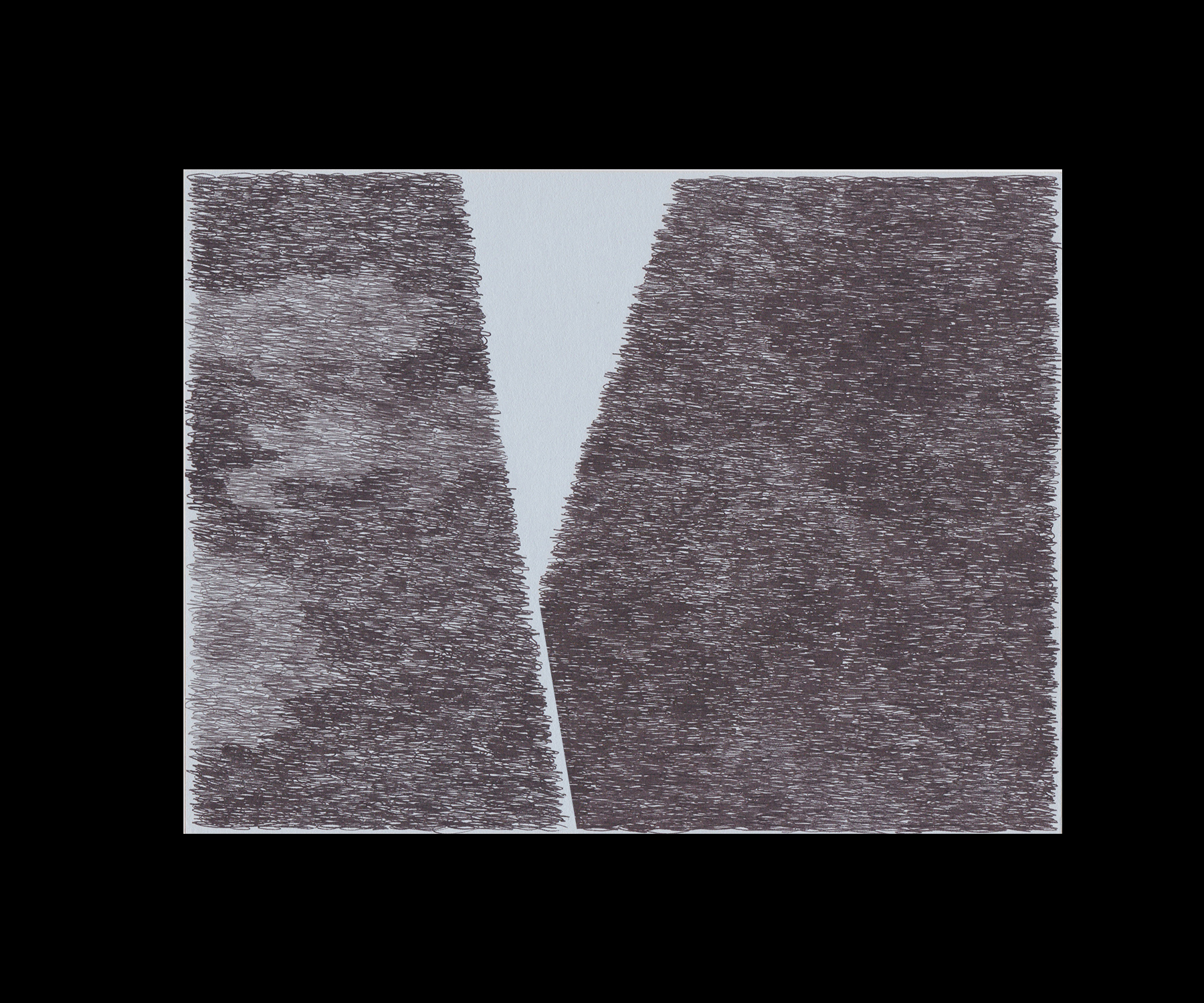 Two textured rectangular forms in dark gray and brown tones face each other across a light gray central void, their surfaces composed of dense, directional mark-making that creates a woven or scratched appearance.