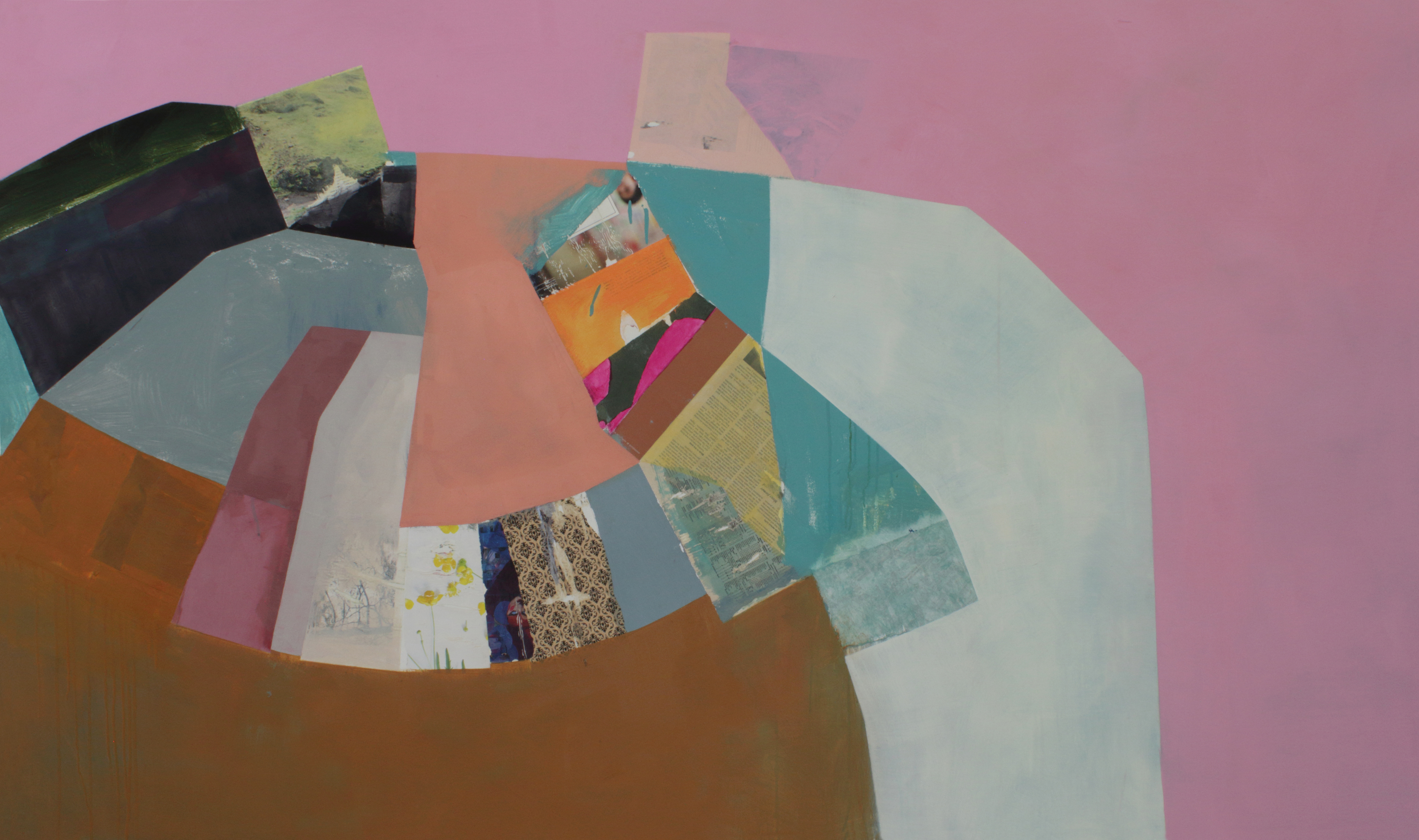 Abstract collage composition featuring overlapping geometric shapes and photographic fragments against a soft pink background. Layered elements in muted earth tones, teals, and pastels create depth, with semi-transparent painted forms interacting with embedded landscape and architectural photographs.