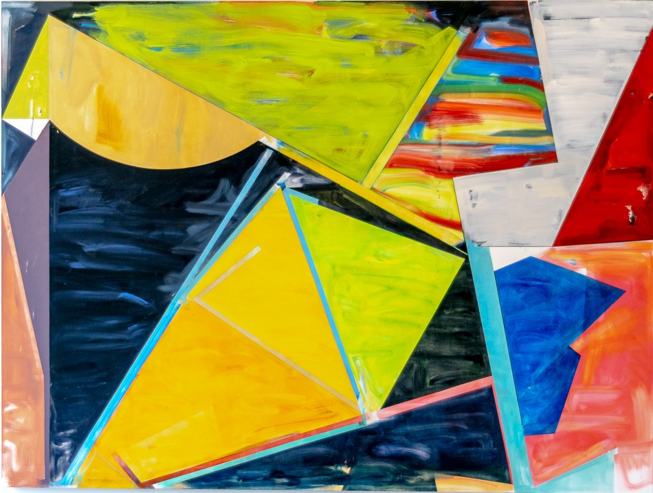 Vibrant abstract composition featuring overlapping geometric shapes in bright yellow, lime green, blue, and orange, with bold brushstrokes of dark navy creating dynamic contrast. Translucent and opaque colored planes intersect across the canvas, creating a sense of movement and spatial depth.