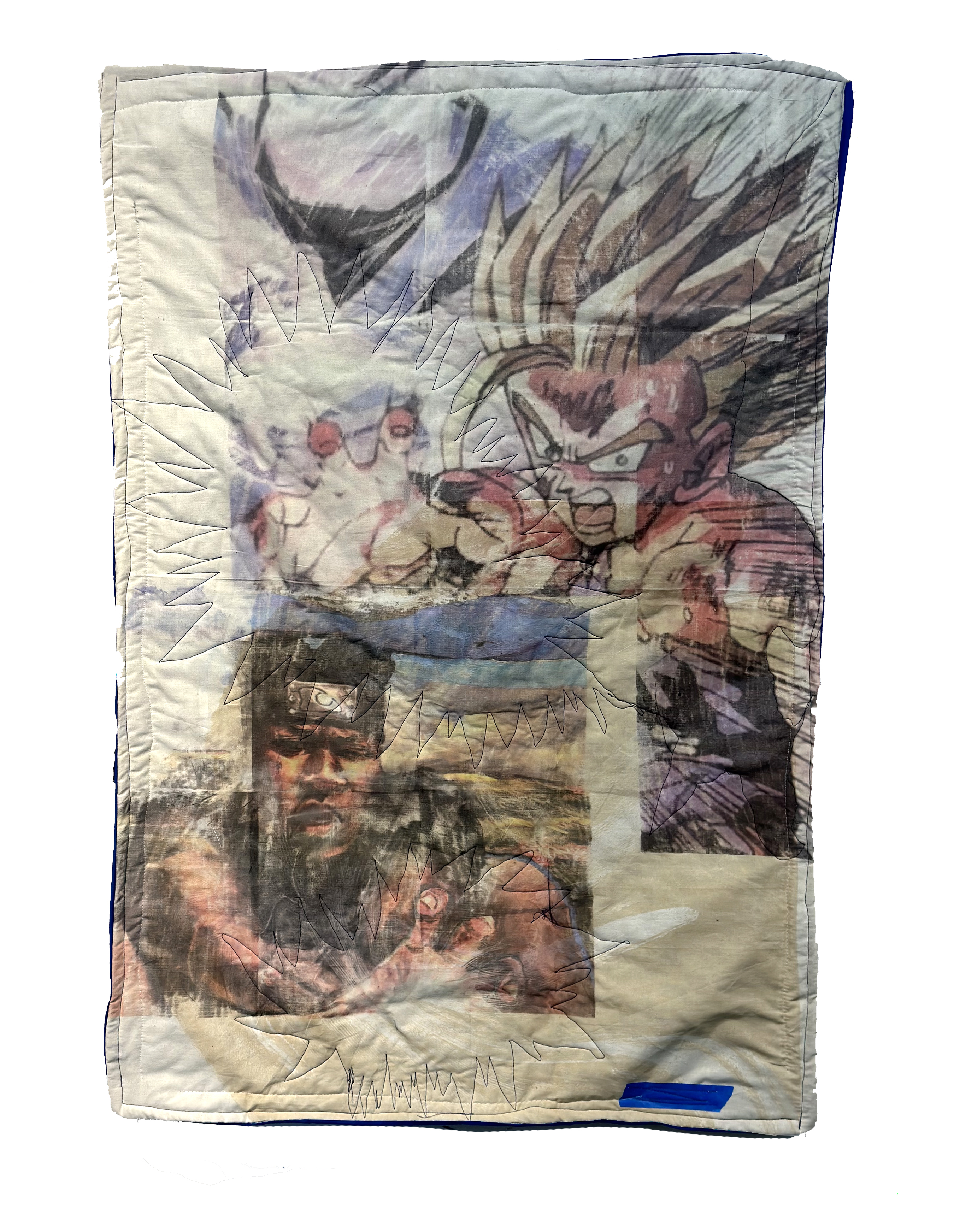 Layered muslin textile featuring printed photographic imagery of faces and figures in muted tones of blue, brown, and cream, overlaid with linear laser engravings and hand-drawn marks creating a complex, collaged composition. Blue tape secures the edges of the fabric, which appears weathered and translucent from the layering process.