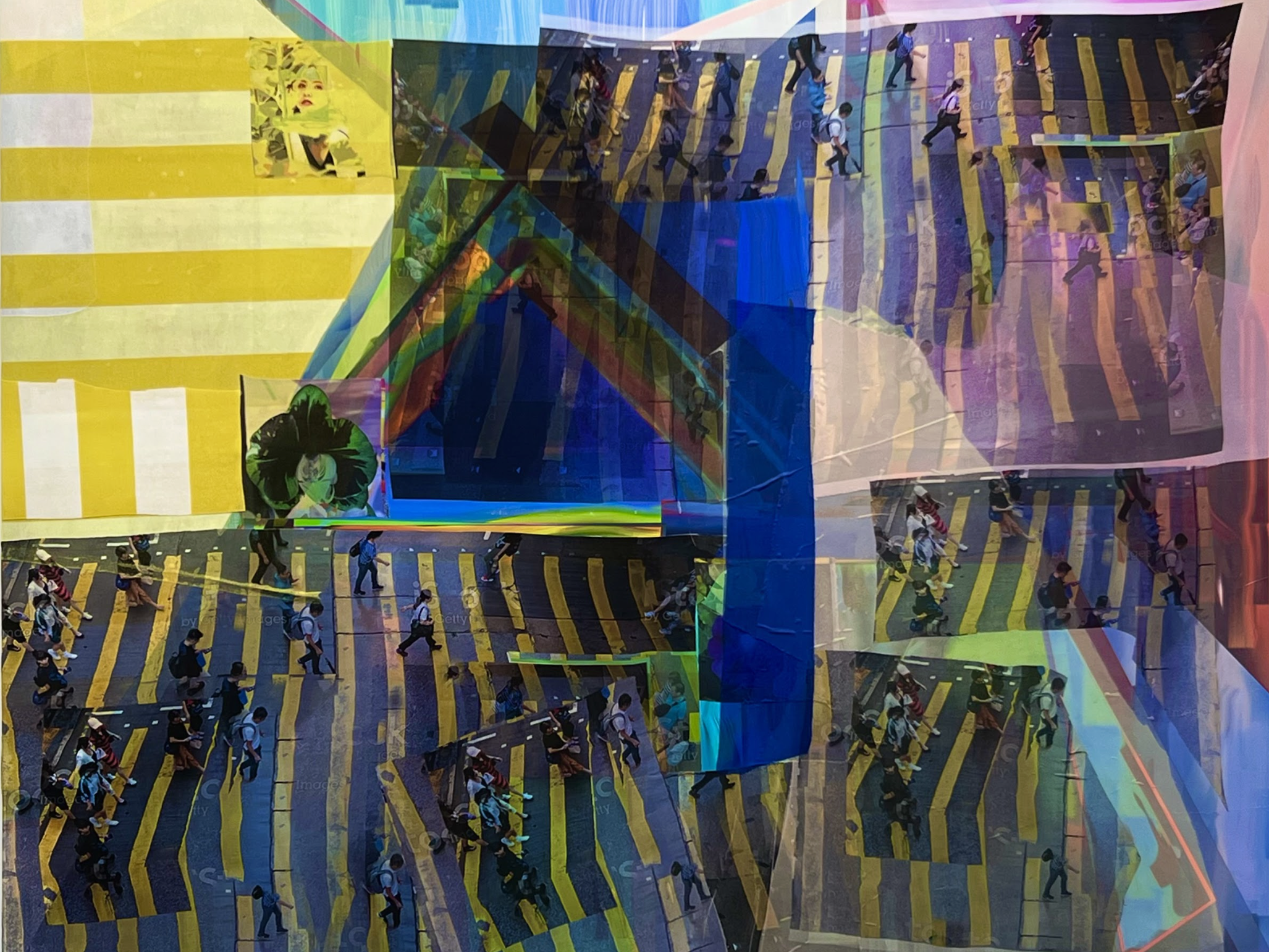 Layered aerial photographs of pedestrians crossing striped crosswalks are collaged across a vibrant canvas with overlapping panels of yellow, blue, green, and pink geometric shapes, creating a fragmented, kaleidoscopic composition that emphasizes movement and urban patterns.