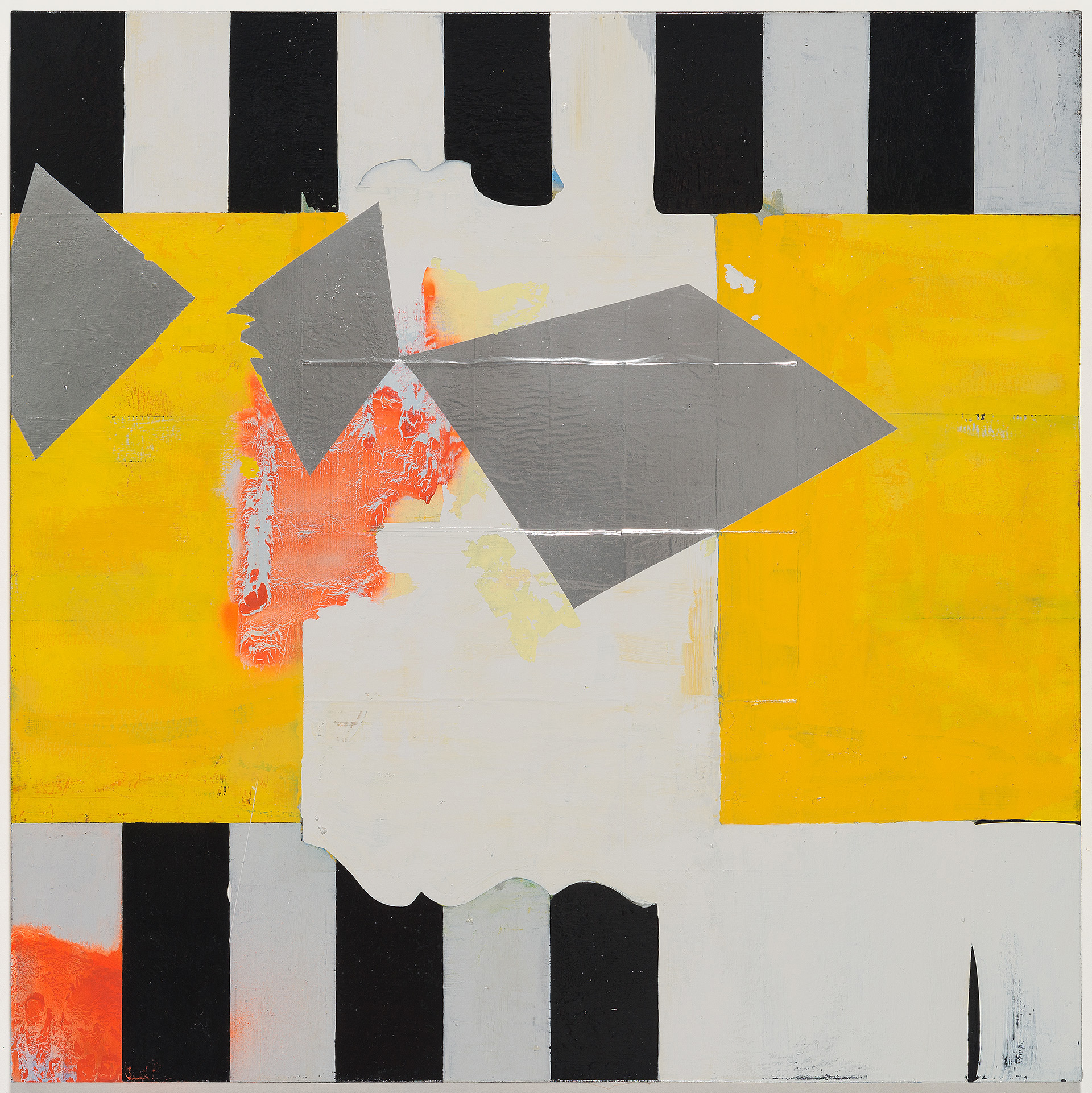 Abstract mixed-media composition featuring bold geometric shapes in yellow, gray, and white layered over a black and white striped background. Textured orange and red marks create dynamic accents across the center, while angular forms suggest fragmented landscapes or architectural elements.