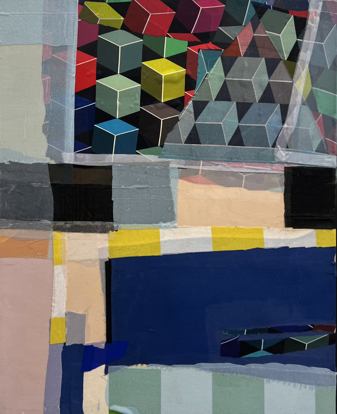 Layered mixed media composition featuring isometric cubes in vibrant colors—reds, yellows, blues, and greens—arranged against a black background in the upper portion, while the lower half displays geometric blocks and stripes in muted earth tones, navy, and pastels, creating a dynamic contrast between saturated and subdued color fields.