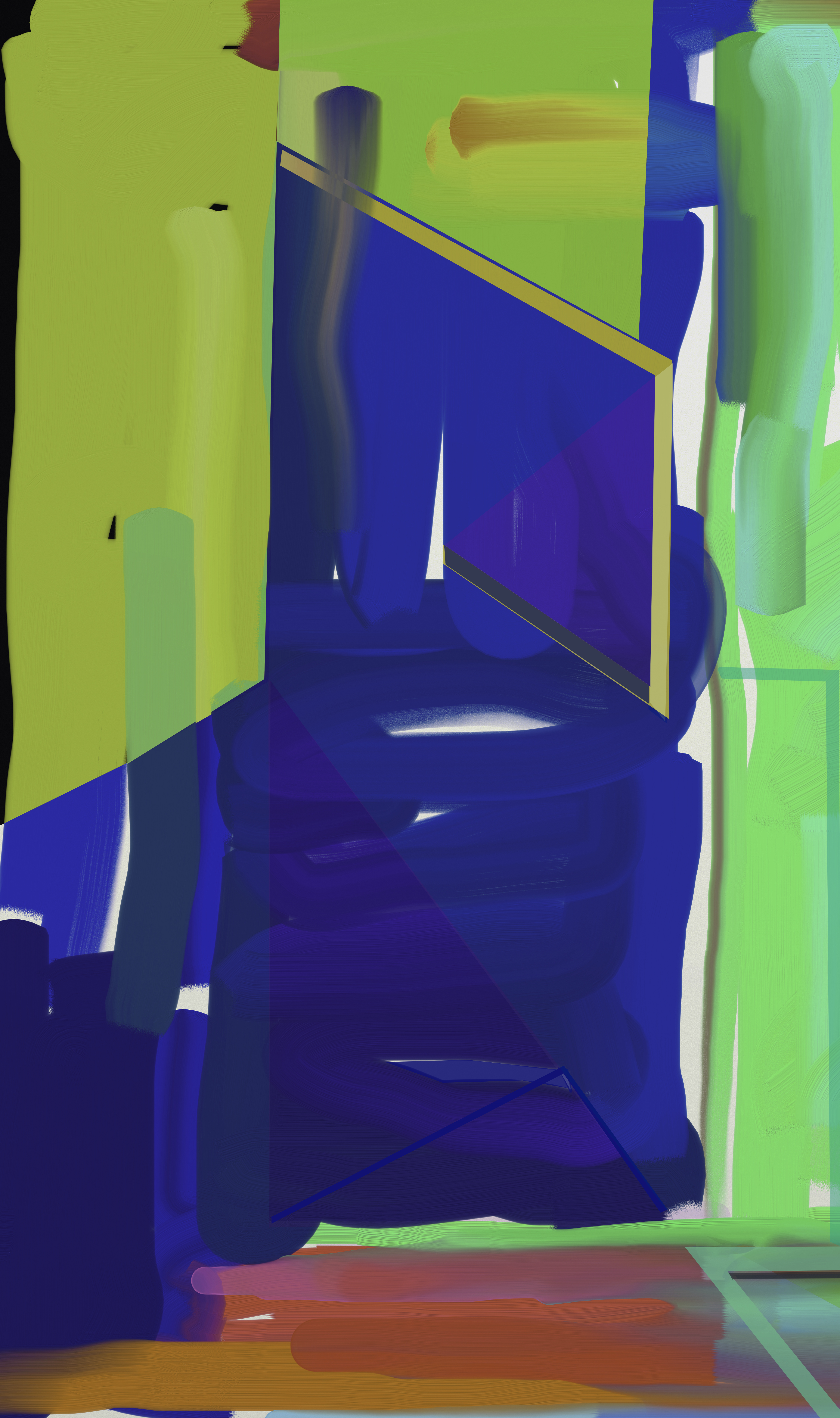 Abstract digital artwork featuring a narrow interior corridor or passageway rendered in vibrant, contrasting colors. Luminous lime-green and bright cyan walls frame a deep blue-purple central space, with warm ochre and rust tones visible at the bottom. Sharp geometric planes and dramatic lighting create depth and perspective, while white highlights suggest light sources within the shadowed blue interior.