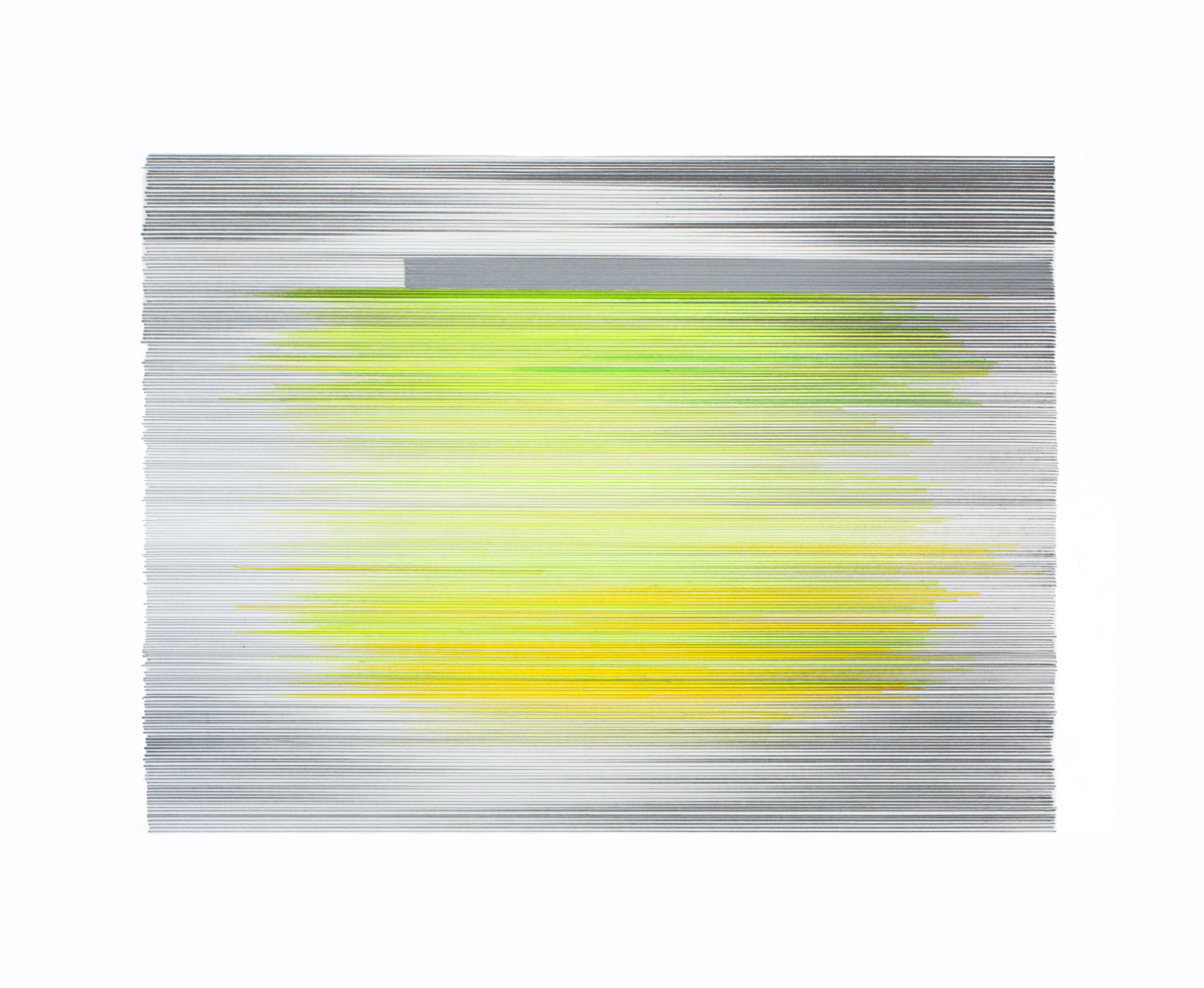 Horizontal composition with fine parallel lines in graphite covering the entire surface, interrupted by a central area of vibrant yellow-green gradient that transitions from bright lime green at the top to golden yellow at the bottom, creating an luminous focal point against the neutral linear background.