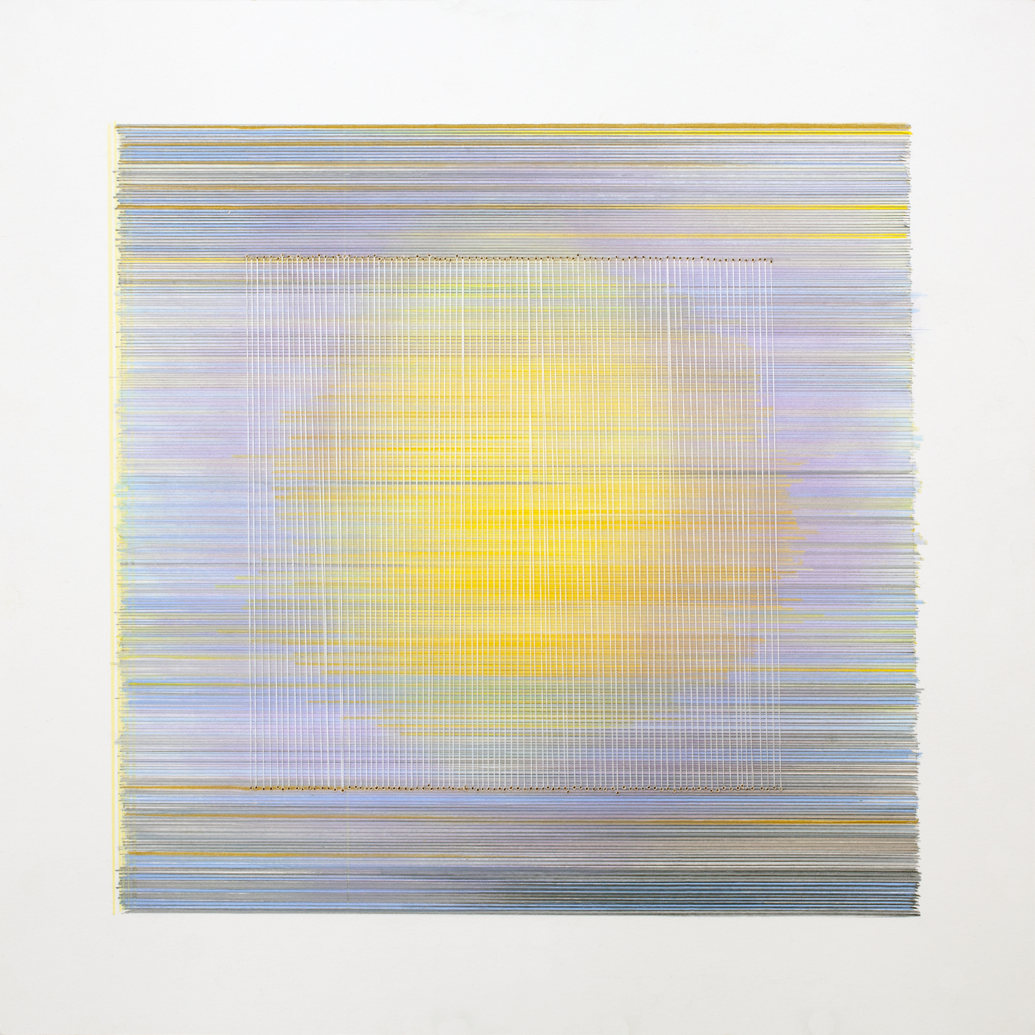 A square composition layered with horizontal lines in soft blues, yellows, and grays, creating a luminous central rectangle that glows with warm yellow tones. Vertical threads overlay the entire surface, adding texture and dimension to the delicate, atmospheric work.