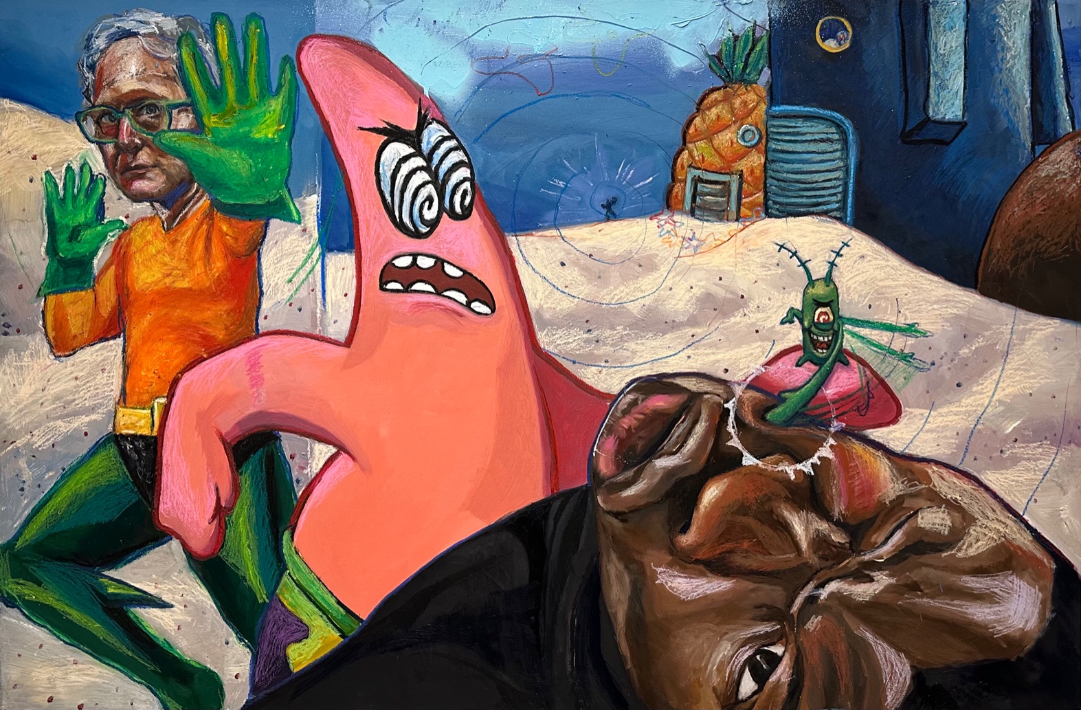 Vibrant mixed-media painting featuring a large pink cartoon character with an expressive face in the center, surrounded by surreal aquatic and humanoid figures rendered in bold greens, oranges, and browns against a sandy beach landscape and blue sky. The composition includes a man in an orange shirt with green hands on the left, a small green insect-like creature on the right, and various sculptural forms, creating a dreamlike underwater scene rendered with gestural brushwork and layered paint applications.