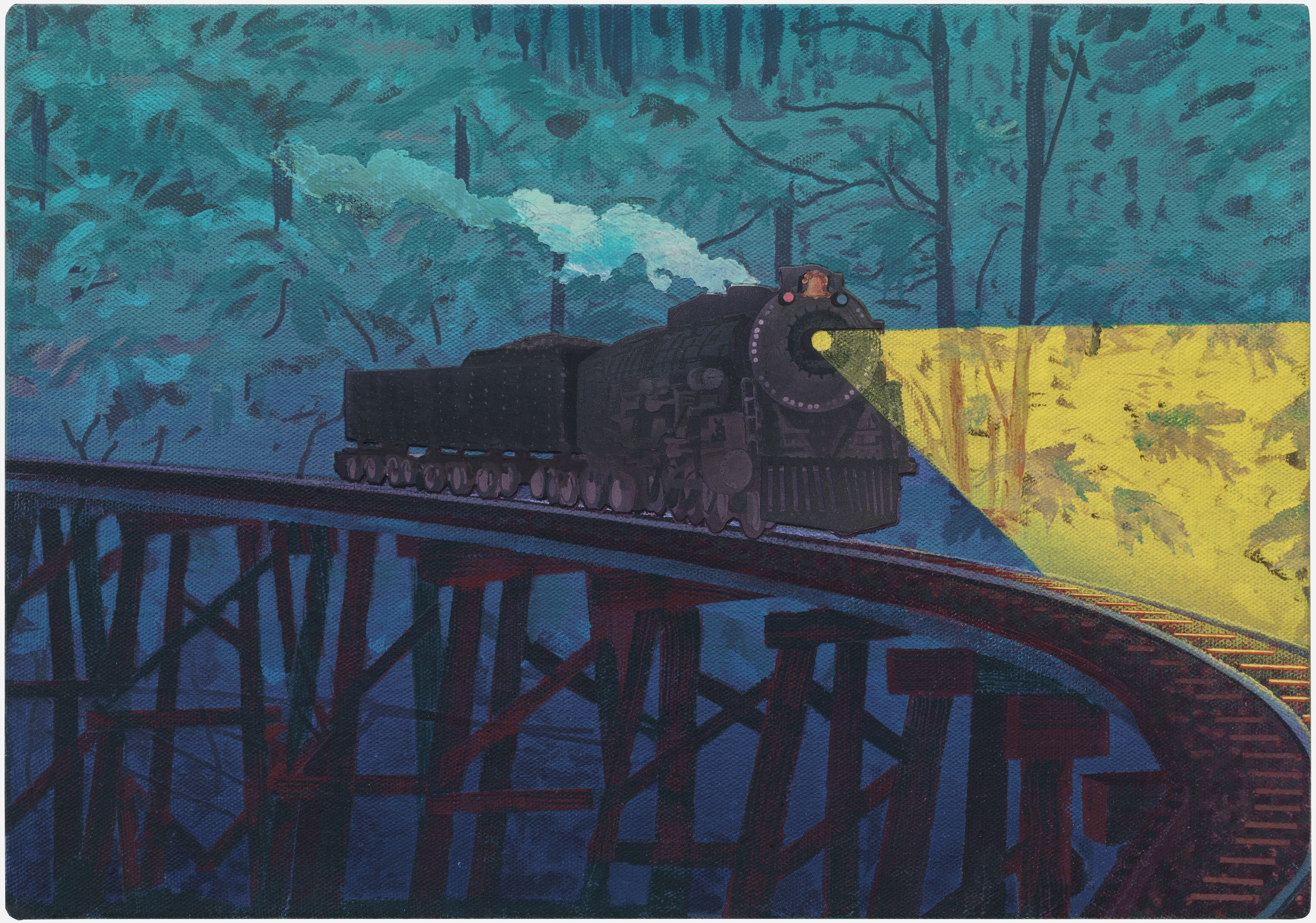 A stylized steam locomotive crosses a trestle bridge in the foreground, rendered in dark silhouette against a moody teal-blue forest landscape. The composition is divided by a bold yellow rectangular section on the right side, creating a striking color contrast with the cool blue tones and deep shadows that dominate the scene.