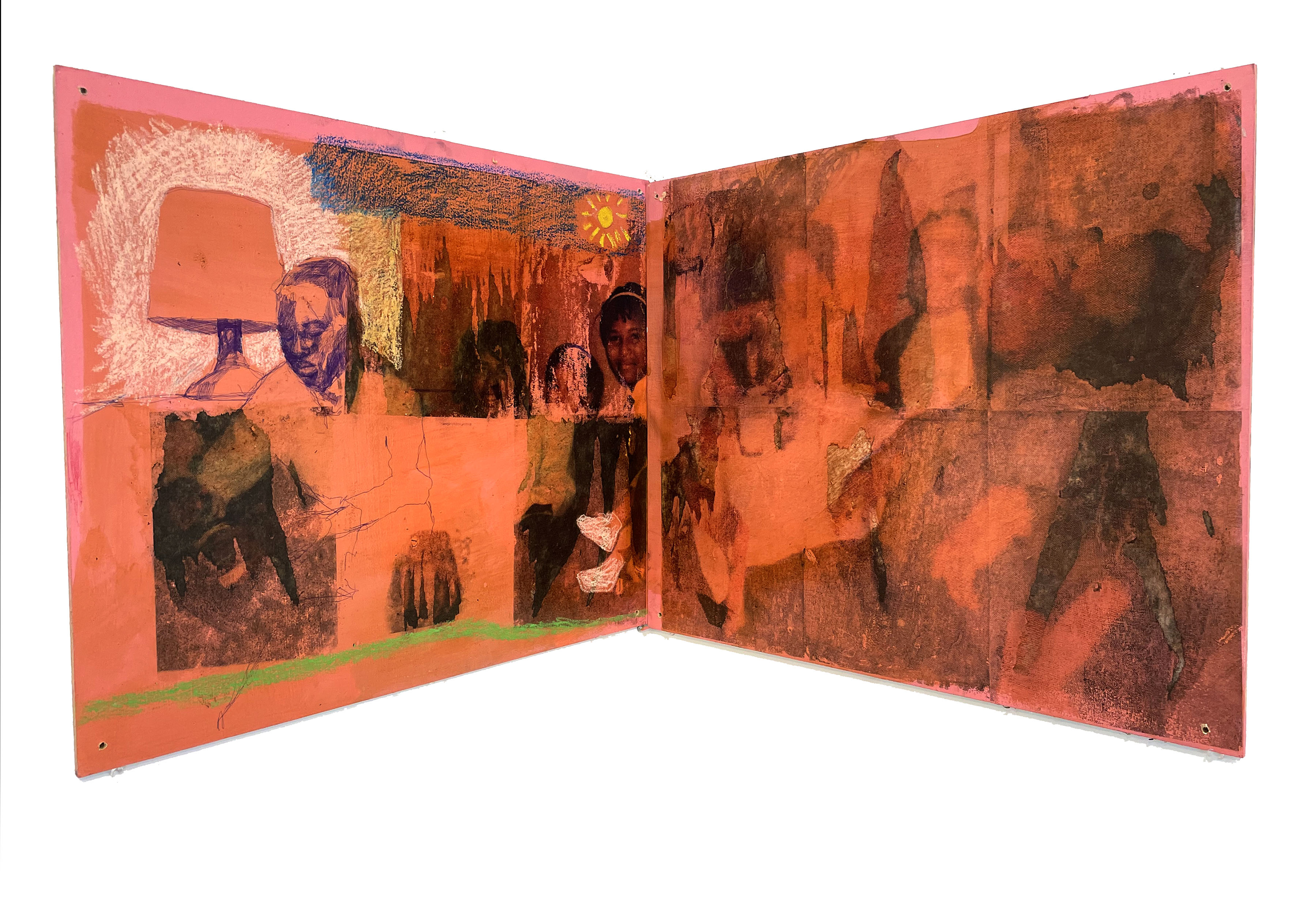 A hinged wooden diptych with coral-pink frames displaying layered figurative imagery in warm oranges, browns, and ochres. The composition features portrait-like faces and gestural forms rendered through transfer, crayon, and pastel techniques, creating a weathered, expressionistic surface across both panels, with a bright yellow sun visible in the upper central area.