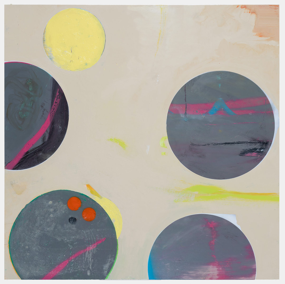 Abstract composition on a cream-colored canvas featuring five circular forms of varying sizes arranged across the canvas. The circles contain layered imagery including dark teal and slate blue grounds with magenta and pink diagonal strokes, orange dots, and yellow-green marks. A bright yellow circle floats near the top center, while neon yellow gestural marks and splashes of color accent the neutral background.