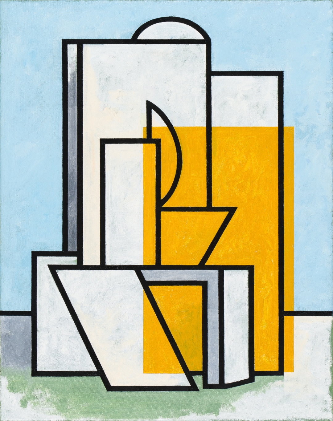 Geometric abstraction featuring overlapping white and yellow rectangular forms with bold black outlines against a light blue background, with green at the base. A semicircular shape crowns the composition, creating a structured, modernist architectural aesthetic.