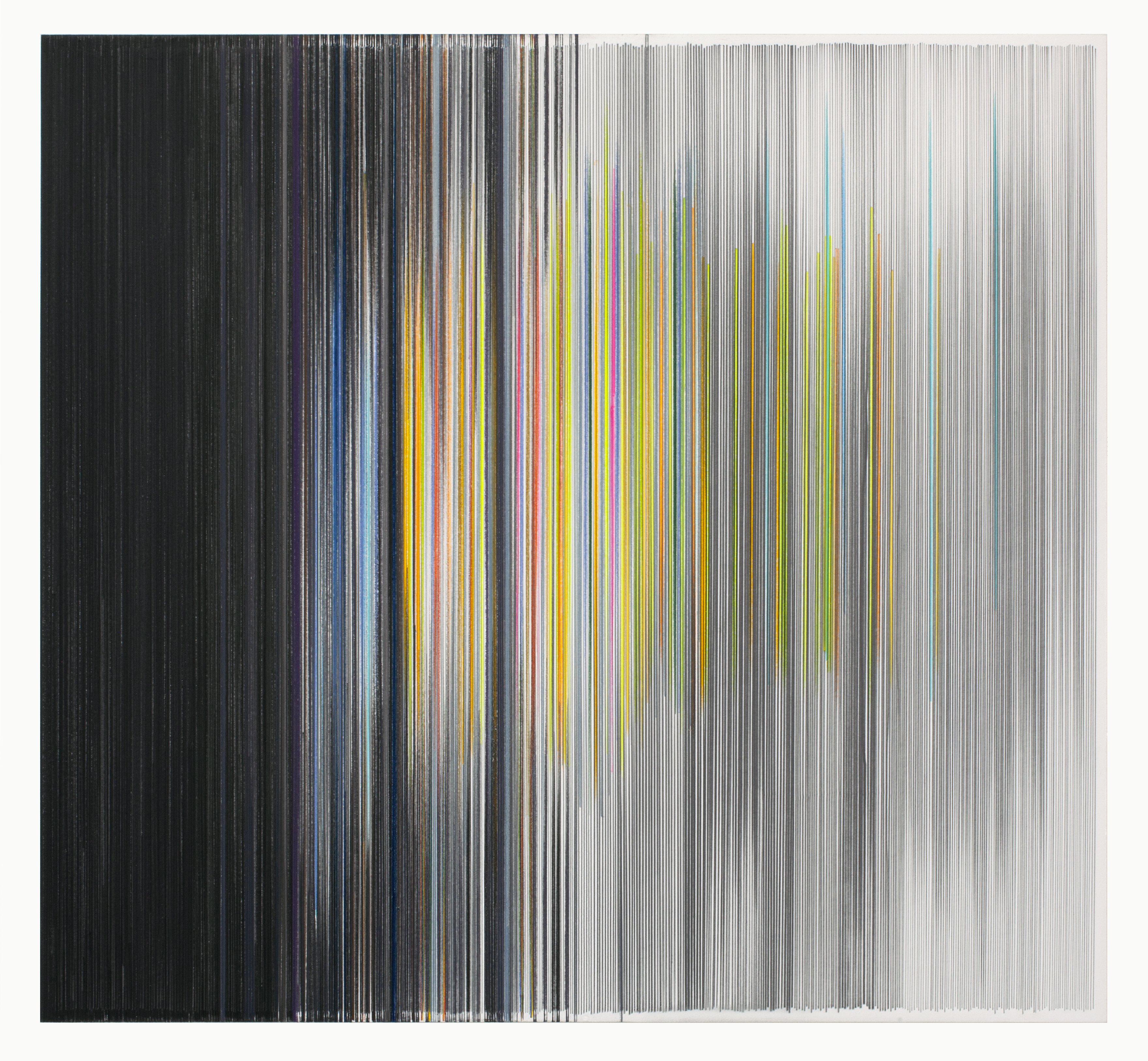Vertical parallel lines in graphite transition from deep black on the left to light gray on the right, with bursts of saturated color—yellow, pink, blue, and green—emerging from the center. The linear composition creates a rhythmic, almost chromatic effect against the neutral tonal foundation.