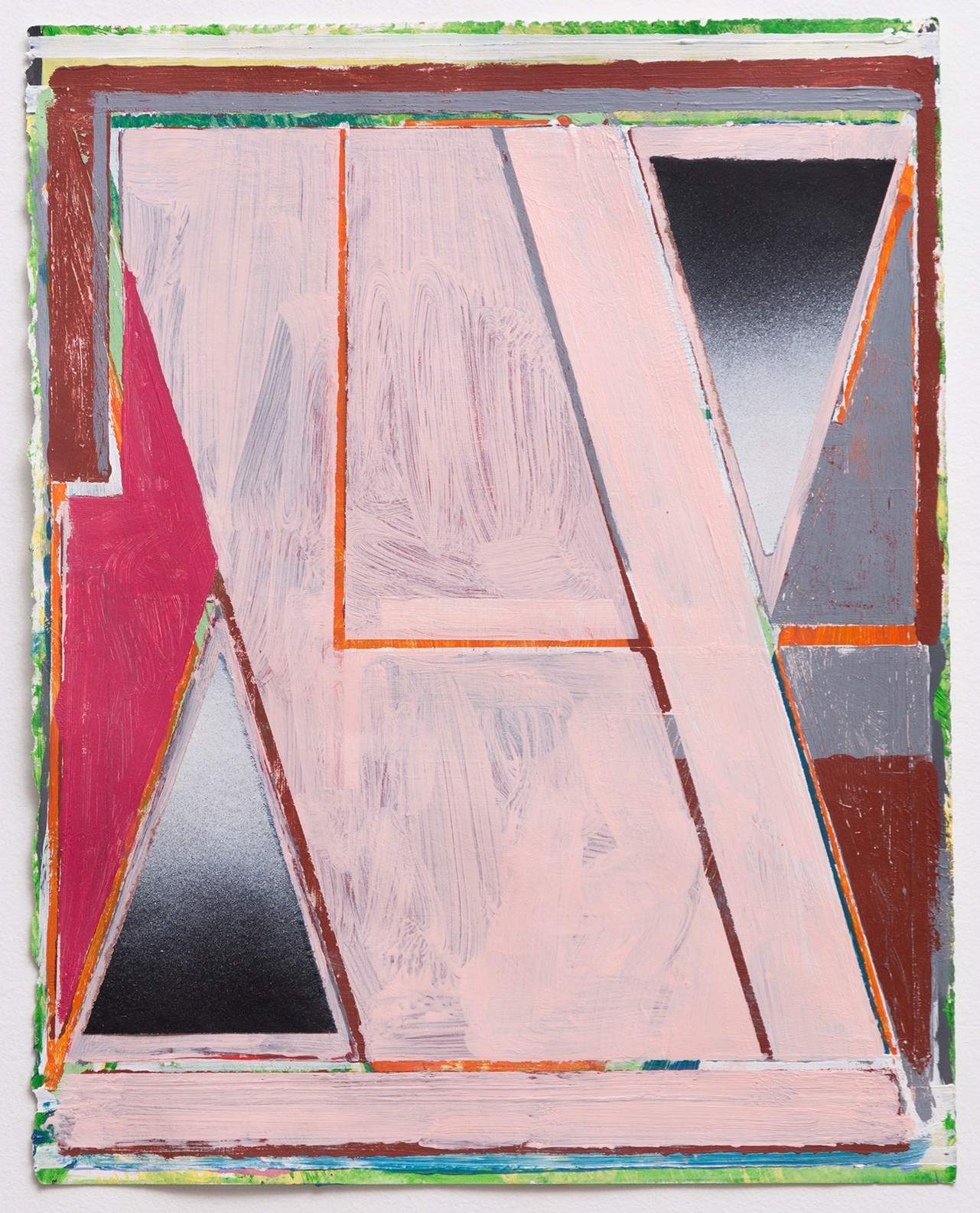 Abstract geometric composition featuring overlapping trapezoids and rectangular forms in pale pink and lavender, accented with bold orange, red, and dark gray outlines. A vibrant multicolored border—green, red, yellow, and blue—frames the composition, with black triangular voids creating depth against the soft pastel palette.