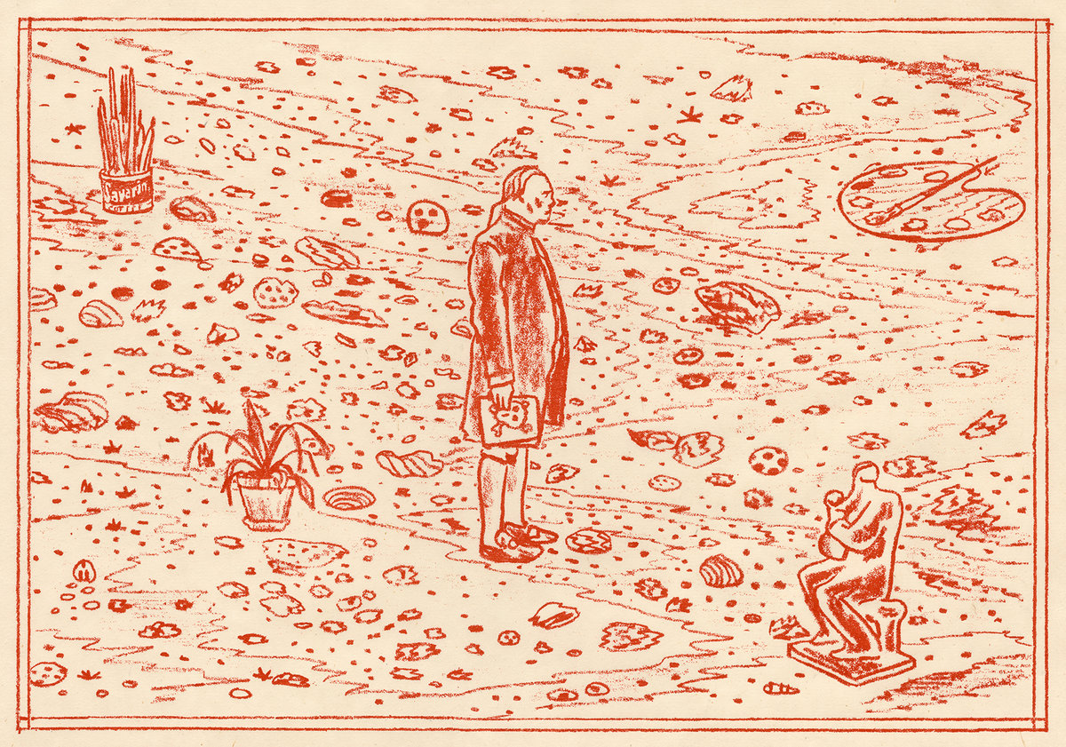 A red woodcut print depicting a solitary figure in a cape standing in a surreal landscape scattered with pizza slices, potted plants, and various abstract forms. The composition uses bold linear marks and stippling to create texture across the entire composition, with the central figure gazing downward amid the chaotic surrounding imagery.