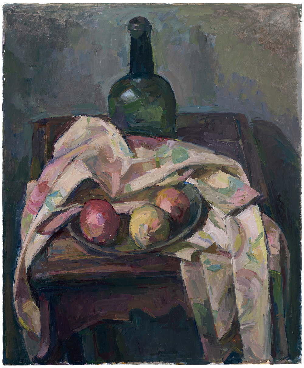 A still life painting depicting a nude female figure seated at a table with a green glass bottle behind her and bowls of red and yellow onions arranged before her. Rendered in loose, expressionistic brushstrokes with a muted palette of greens, browns, pinks, and earth tones against a shadowy background.
