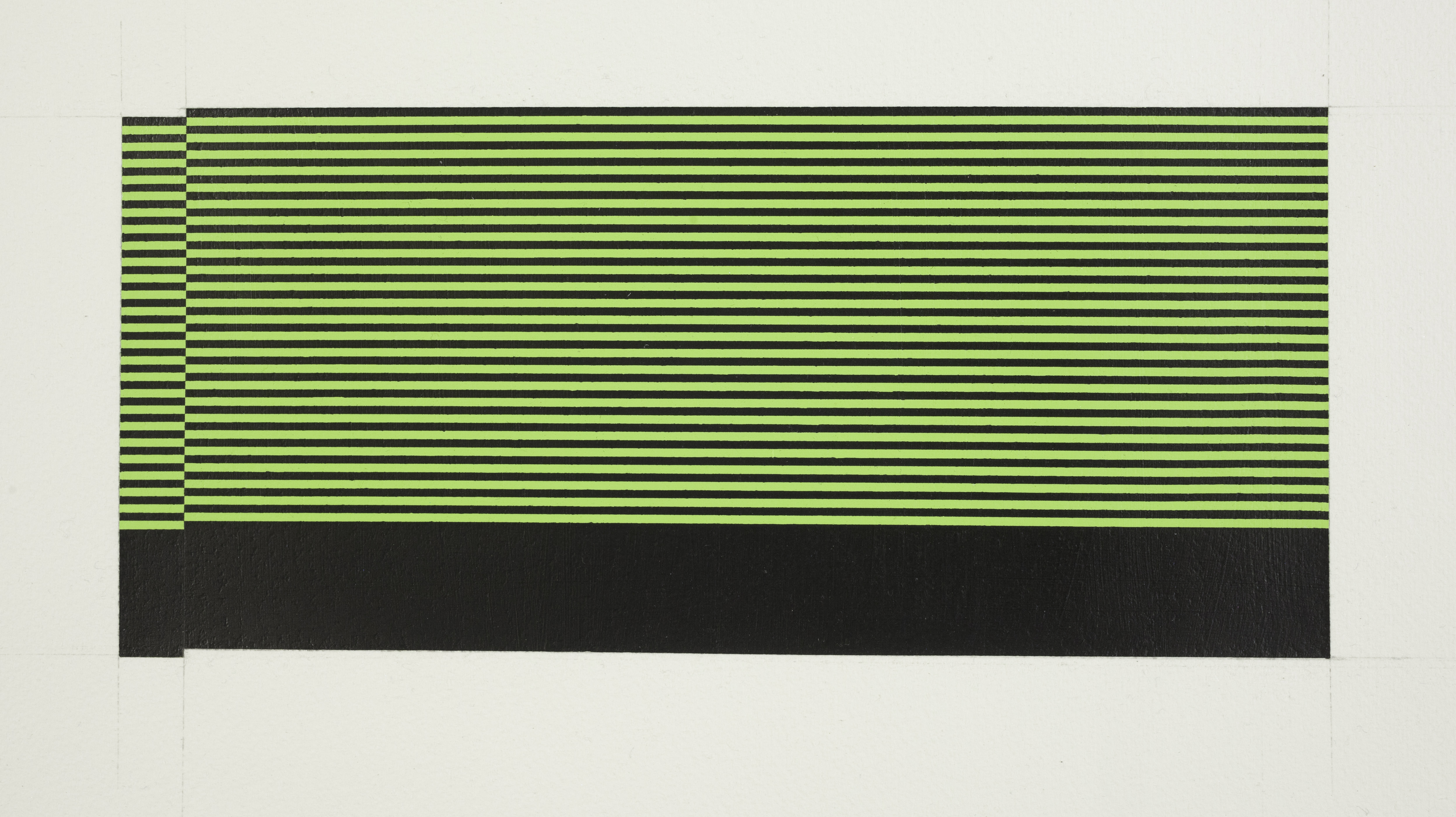 Horizontal composition featuring alternating stripes of bright lime green and dark charcoal black, with a vertical column of smaller stripes on the left side. The geometric pattern is rendered in gouache and graphite on white paper, creating a stark, minimalist design.