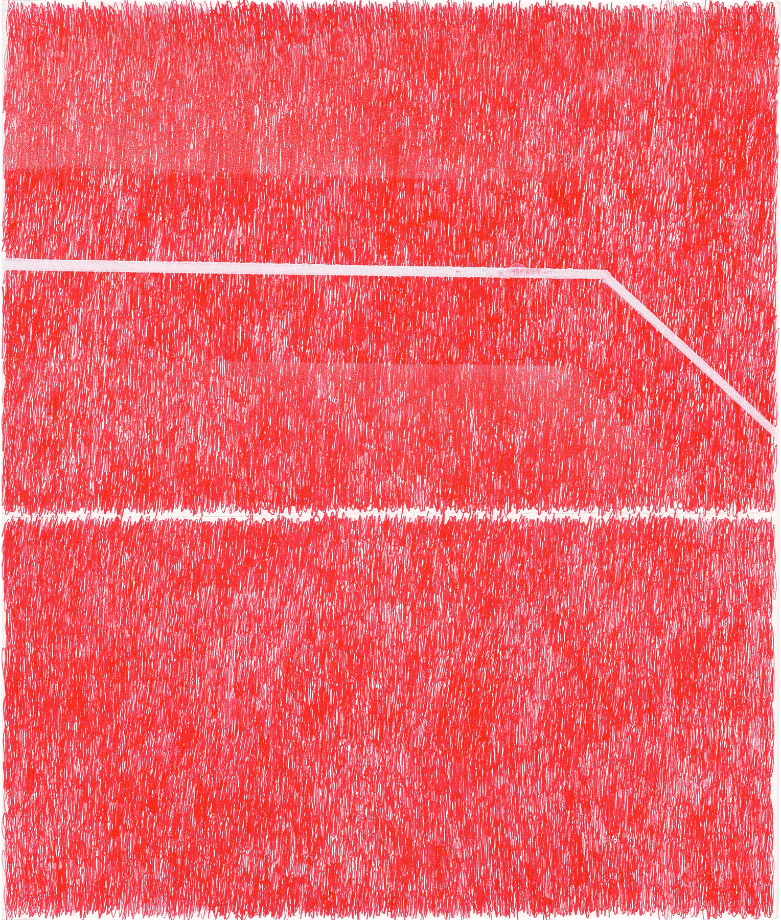 A densely textured composition in bright red and white, with vertical hatching marks covering three horizontal bands separated by thin white lines. A diagonal white line cuts across the middle section, creating an angular geometric interruption in the otherwise uniform pattern.