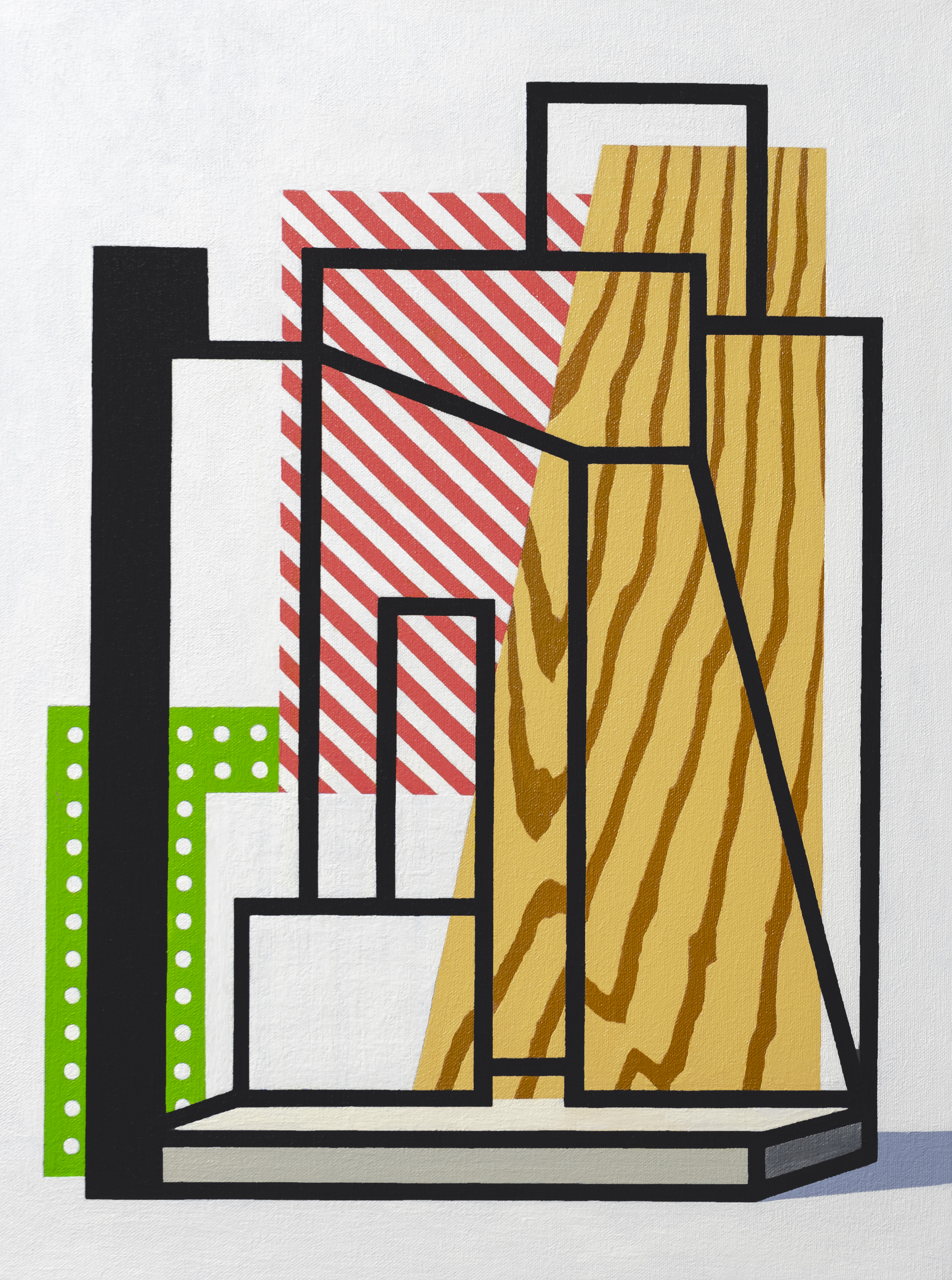 Abstract architectural composition featuring overlapping geometric forms outlined in bold black lines. Layered planes in red and white diagonal stripes, natural wood grain textures in golden and brown tones, and bright green sections with white circular patterns create a fragmented interior or structural space rendered in a modernist style.