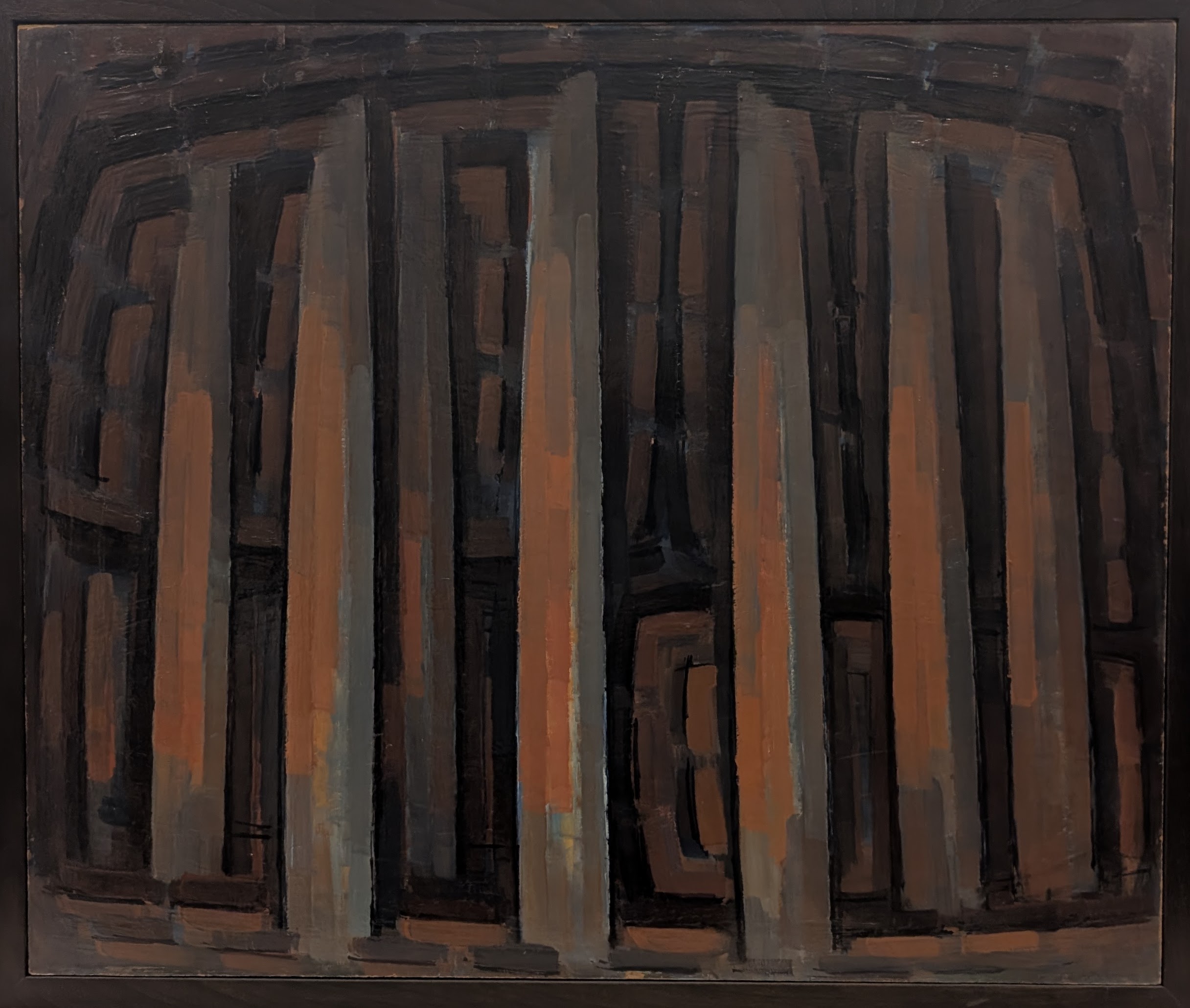 Abstract composition of vertical striped forms in earth tones—rust, brown, and tan—with darker charcoal lines creating a rhythmic columnar structure. The painterly brushwork suggests an interior architectural space or forest of vertical elements receding into depth.