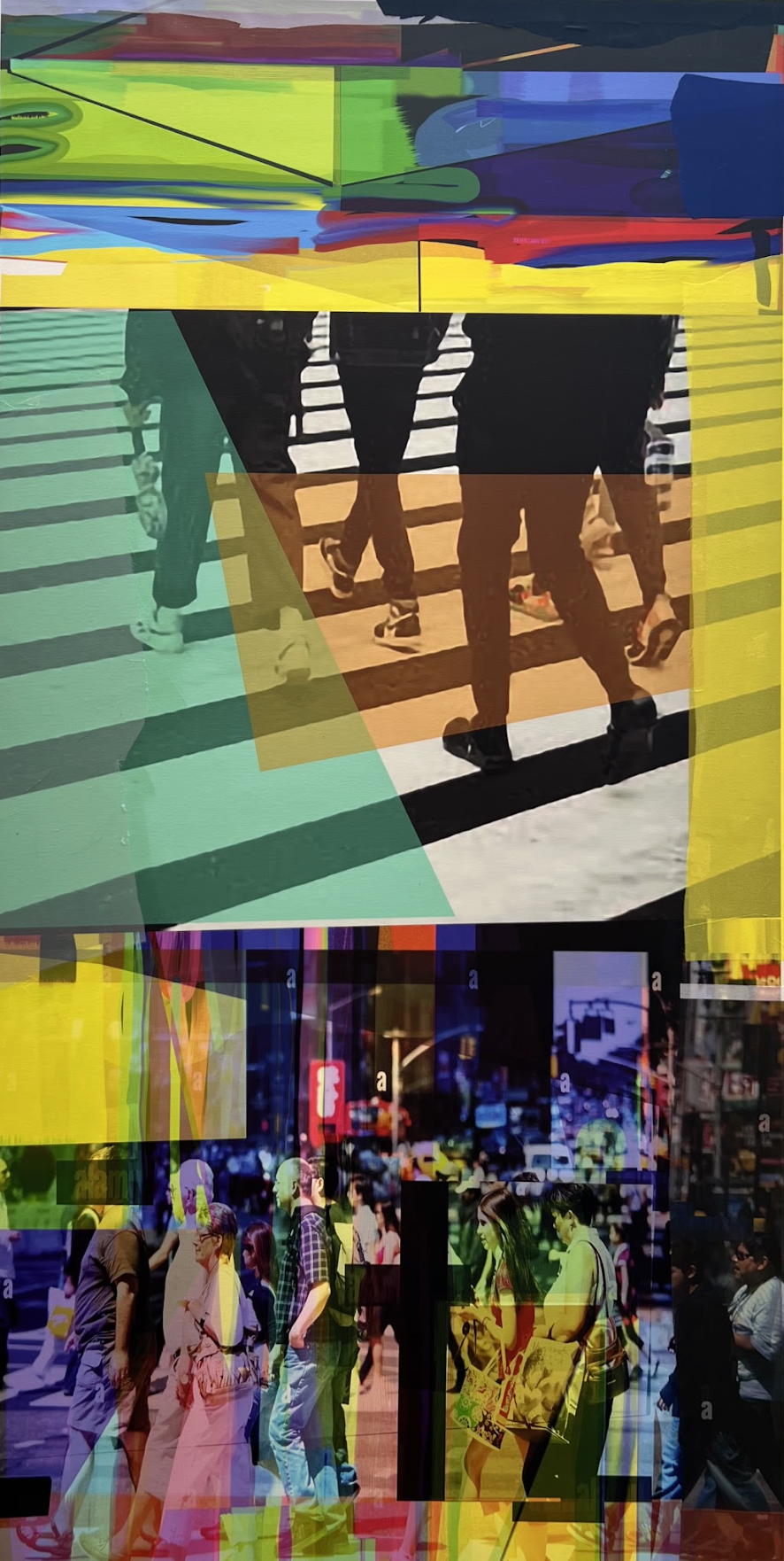 Layered mixed media composition featuring fragmented photographs of people's legs and feet on a striped platform, overlaid with vibrant transparent color blocks in yellow, green, blue, and red. The fragmented imagery creates a disorienting, prismatic effect that obscures and refracts the original scene through bold geometric color fields.