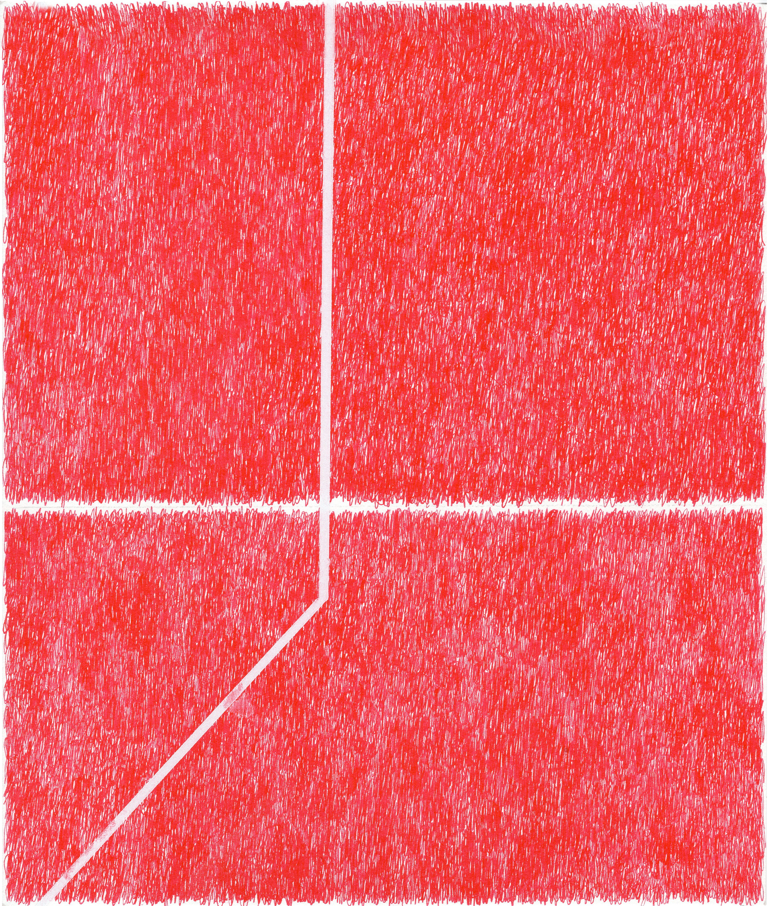 A composition of four rectangular sections divided by white lines, filled with dense red and white gestural marks creating a textured, scratched surface across the entire work.