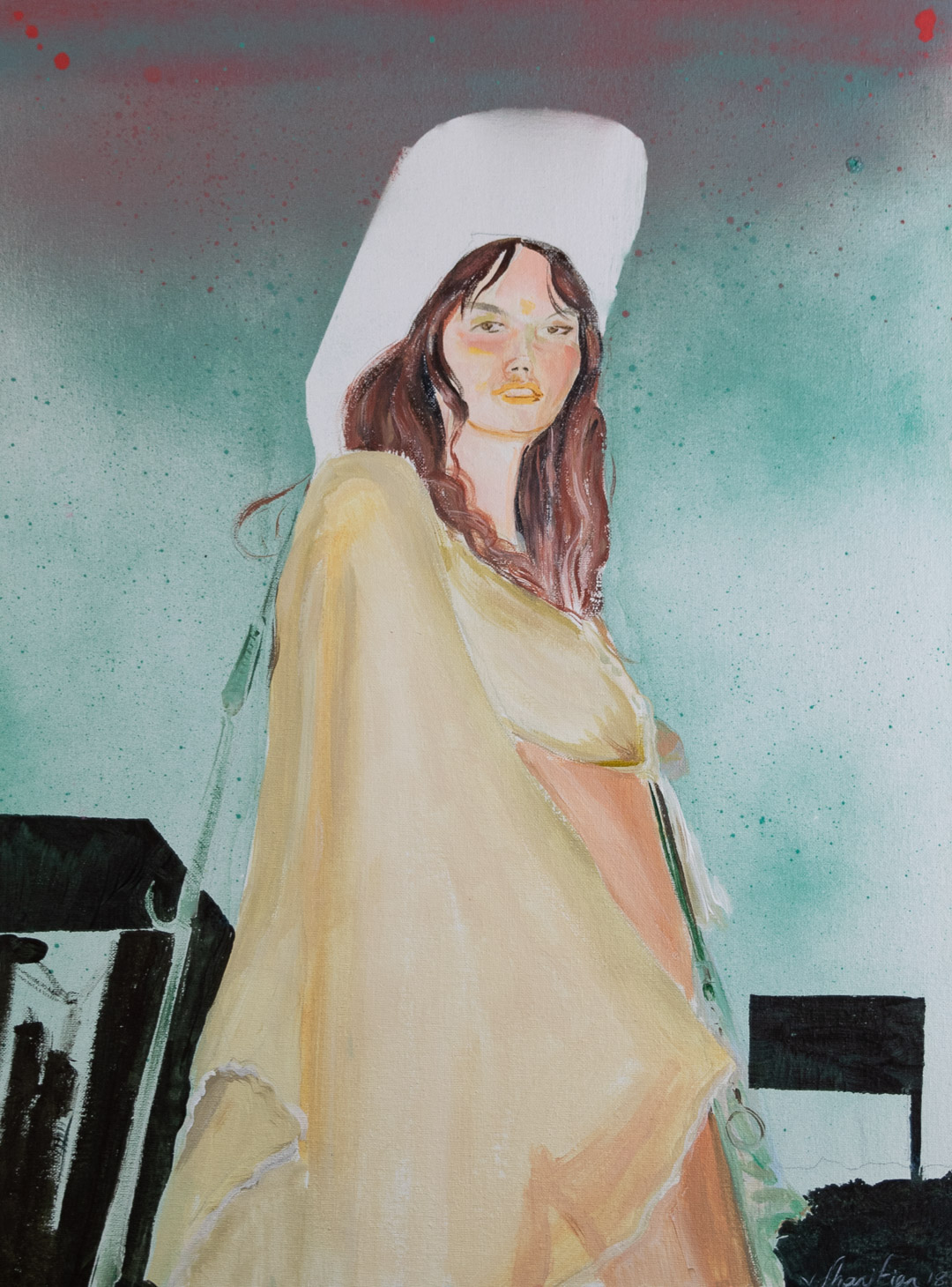A portrait of a woman with long brown hair and golden-yellow lips, wearing a large white headpiece and a flowing pale yellow garment. She gazes over her shoulder against a mottled turquoise-green background with red and teal gestural marks, flanked by dark geometric shapes at the lower edges.