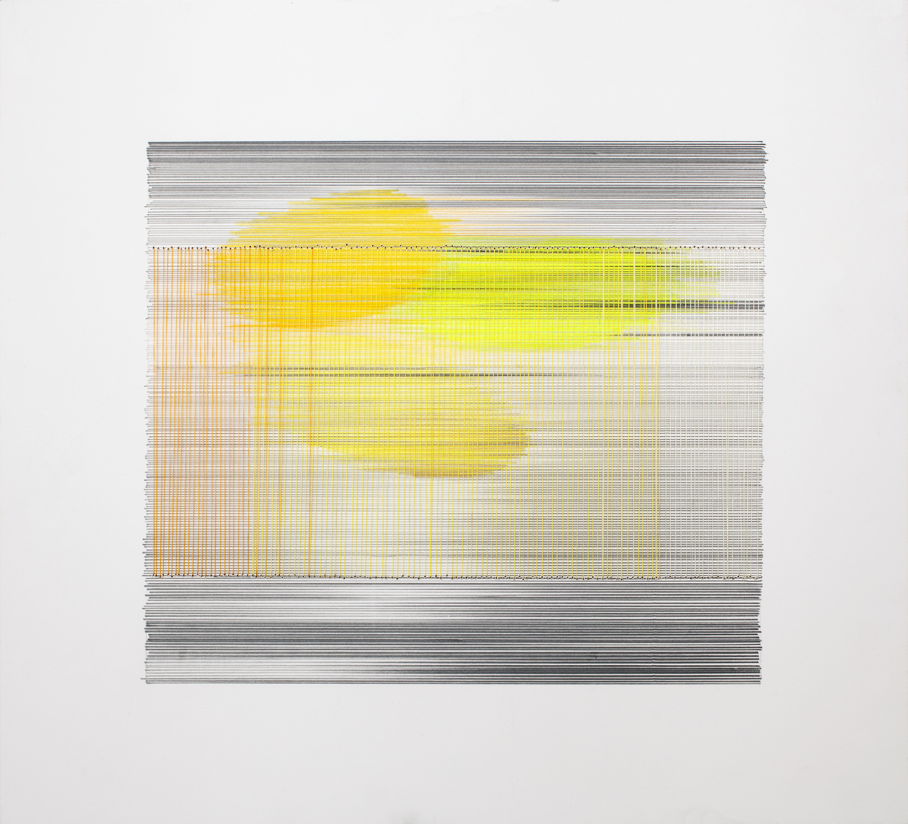 Abstract composition featuring horizontal lines in graphite and thread creating a grid-like texture across the entire paper. Luminous yellow and chartreuse forms emerge in the center, suggesting a landscape or atmospheric study, with warm orange tones on the left side gradually transitioning to cooler grays and whites toward the edges.