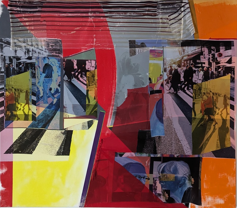 A layered mixed-media collage featuring vibrant geometric shapes in red, yellow, blue, and black overlaid with photographs of urban street scenes and pedestrians. The composition combines bold colored planes with photographic imagery to create a dynamic, fragmented view of city life and movement.