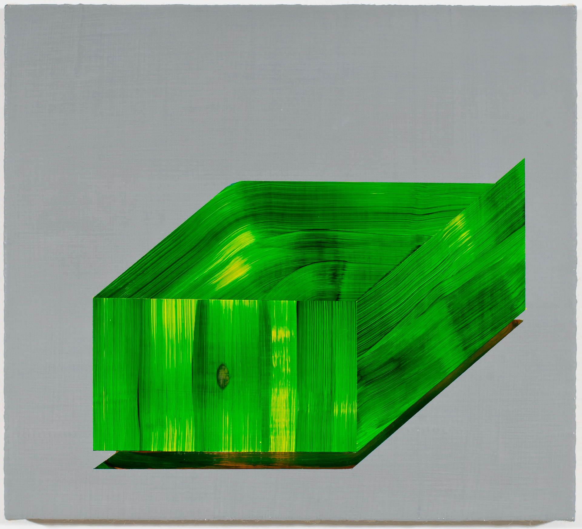 A bright green three-dimensional geometric form rendered in acrylic, resembling a folded or curved rectangular shape against a gray background. The surface is layered with linear brushstrokes in varying shades of green and yellow-green, creating a striated, luminous texture across the front and angled planes.