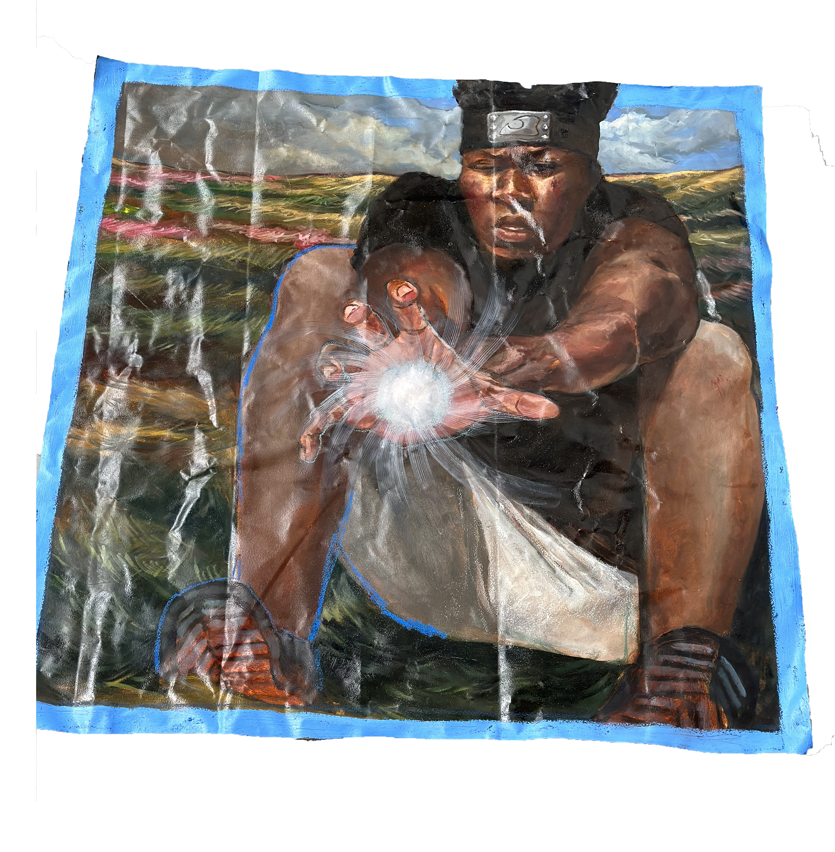Two figures with brown skin stand in a landscape with waterfalls and rolling terrain. The figure on the right wears a black headwrap and white cloth, while the smaller figure on the left reaches toward a luminous white orb emanating from the right figure's hand. The composition is framed with a bright blue border and rendered in rich earth tones with gestural brushwork and layered paint techniques.