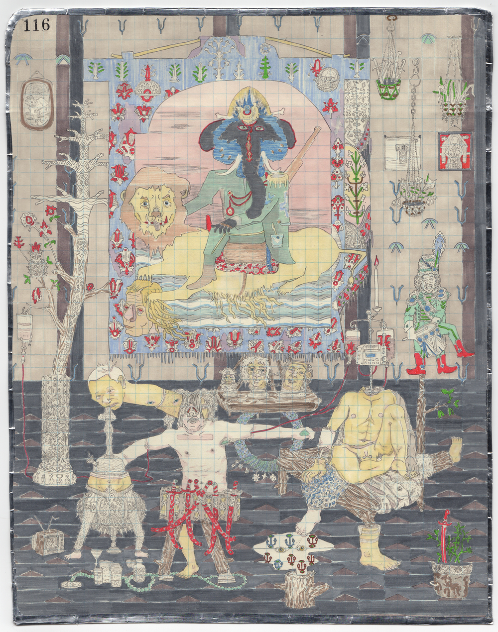 A densely detailed drawing on graph paper depicting an ornate interior scene with a central figure seated on a throne wearing elaborate blue robes and jewelry, surrounded by architectural elements including columns, hanging plants, and decorative tapestries with floral and geometric patterns. The foreground contains multiple nude or partially clothed figures in various poses, rendered in yellow and pale tones, arranged around sculptural elements, vessels, and ornamental objects executed in graphite with selective color accents in red, blue, and green.
