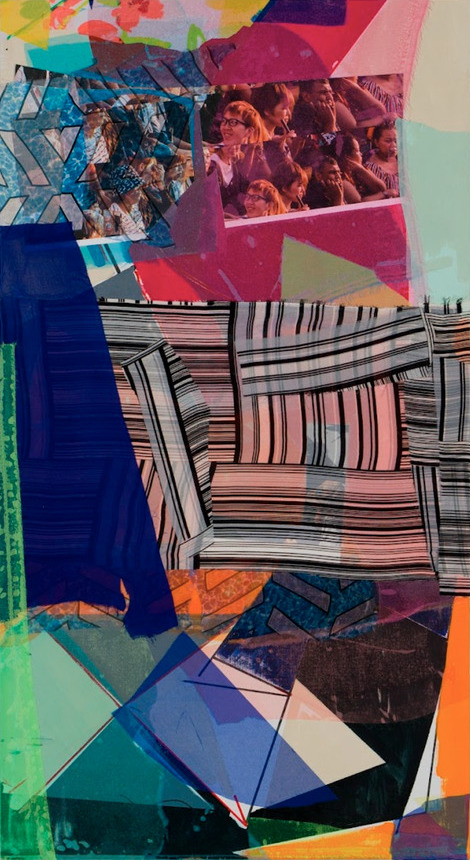 Vibrant mixed-media collage featuring layered geometric shapes in bold blues, pinks, oranges, and greens, interspersed with striped fabric patterns and a photographic element of figures in warm tones, creating a dynamic composition that blends abstraction with representational imagery.
