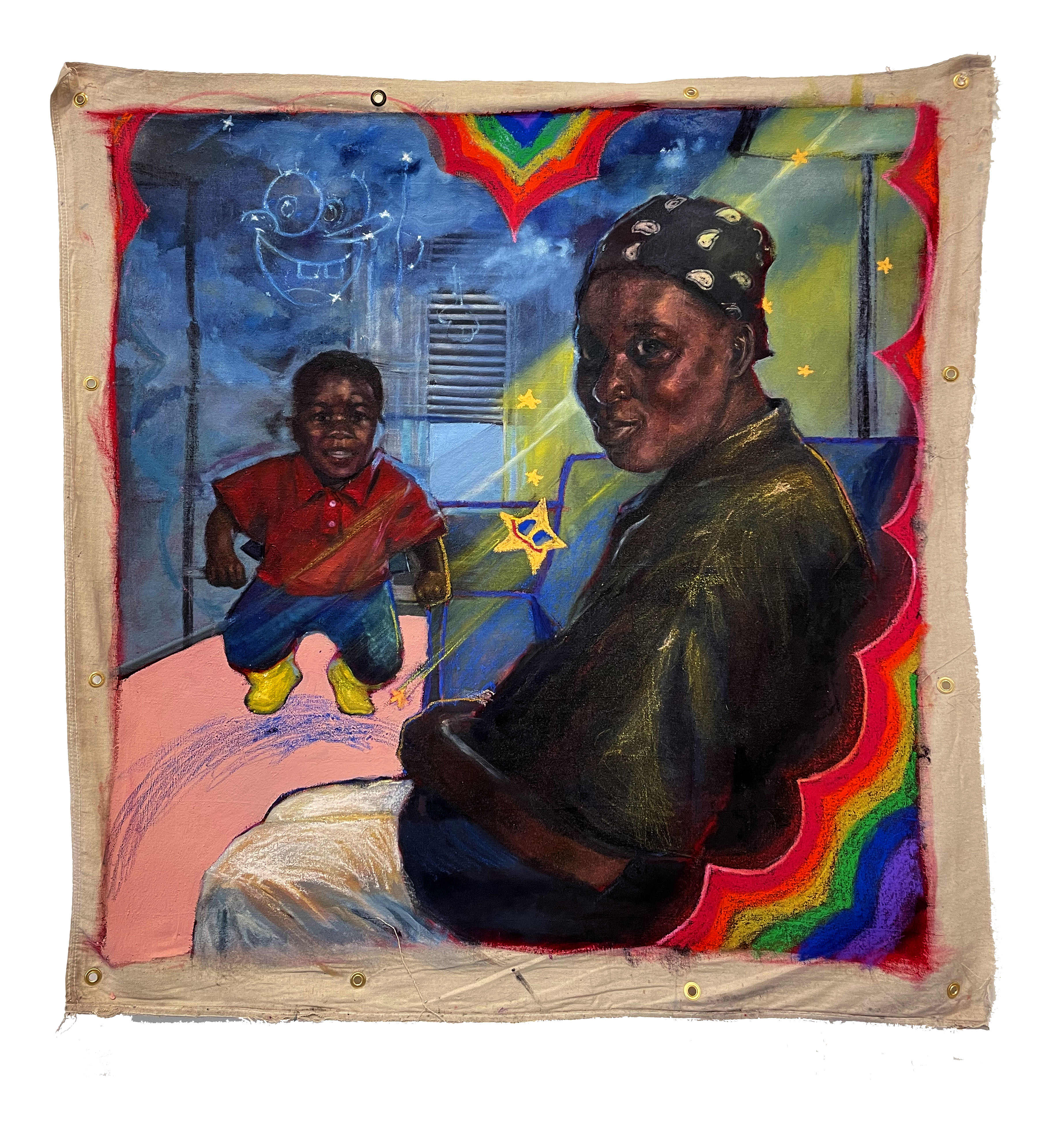 A portrait of an adult and child in an interior space, rendered in oil, shellac, and oil pastel. The composition features vibrant jewel tones—blues, reds, and greens—with a rainbow-striped border framing the figures. Celestial imagery including stars and constellations adorns the blue background, while the canvas is mounted on natural linen with visible hardware at the edges.