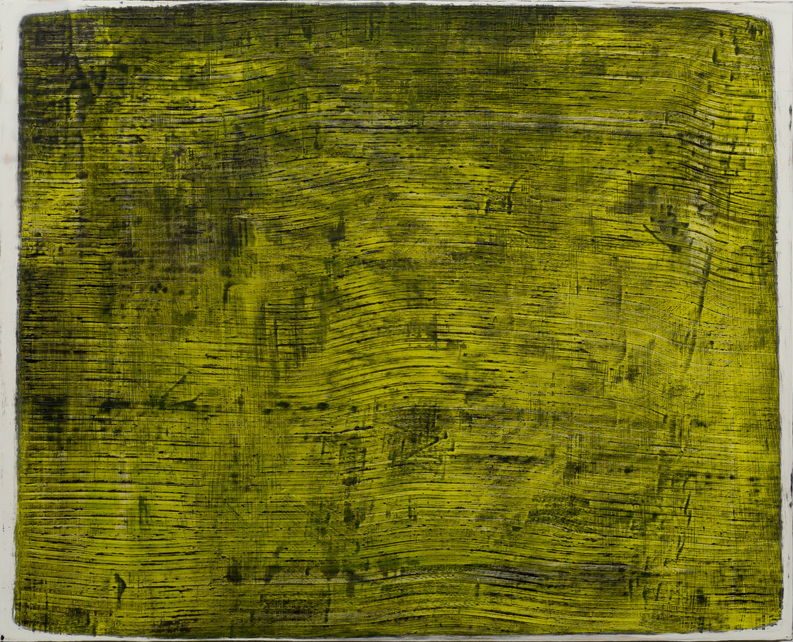 A densely layered composition dominated by chartreuse and olive yellow tones, with horizontal brushstrokes creating a textured surface. Dark linear marks and gestural lines intersect throughout, suggesting an abstract landscape or atmospheric field rendered in muted, earthy greens.