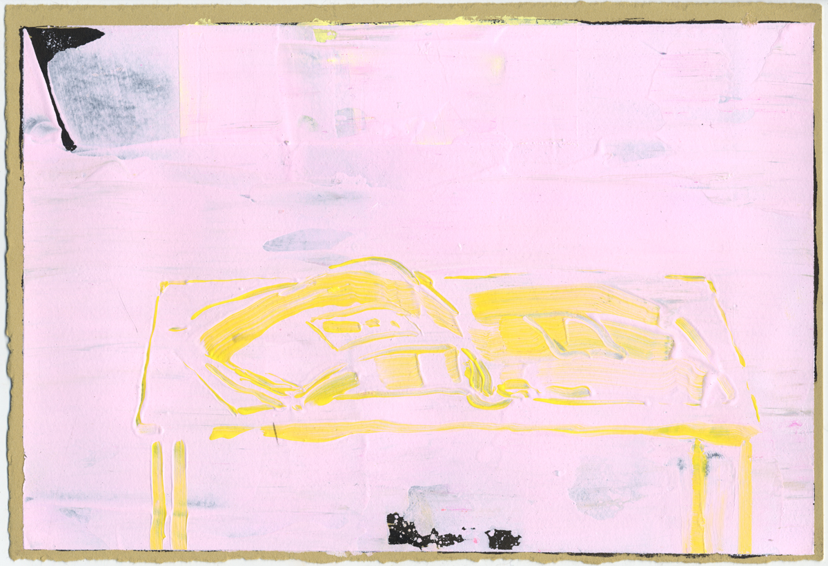 A minimalist composition on pink paper featuring a yellow outlined rectangular form suggesting a table or platform, with loose yellow gestural marks across its surface. A small black brushstroke appears in the upper left corner, with additional dark marks at the bottom of the composition, set against a soft pink background with subtle gray washes.