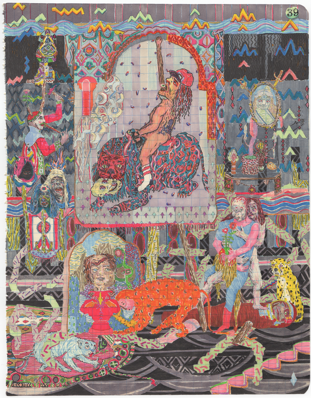 Densely layered figurative drawing featuring a central seated figure surrounded by mythological and fantastical characters, animals, and ornamental patterns rendered in vibrant colors including red, blue, yellow, and green. The composition is filled with intricate geometric and decorative motifs, creating a complex, carnival-like scene across the gridded paper surface.