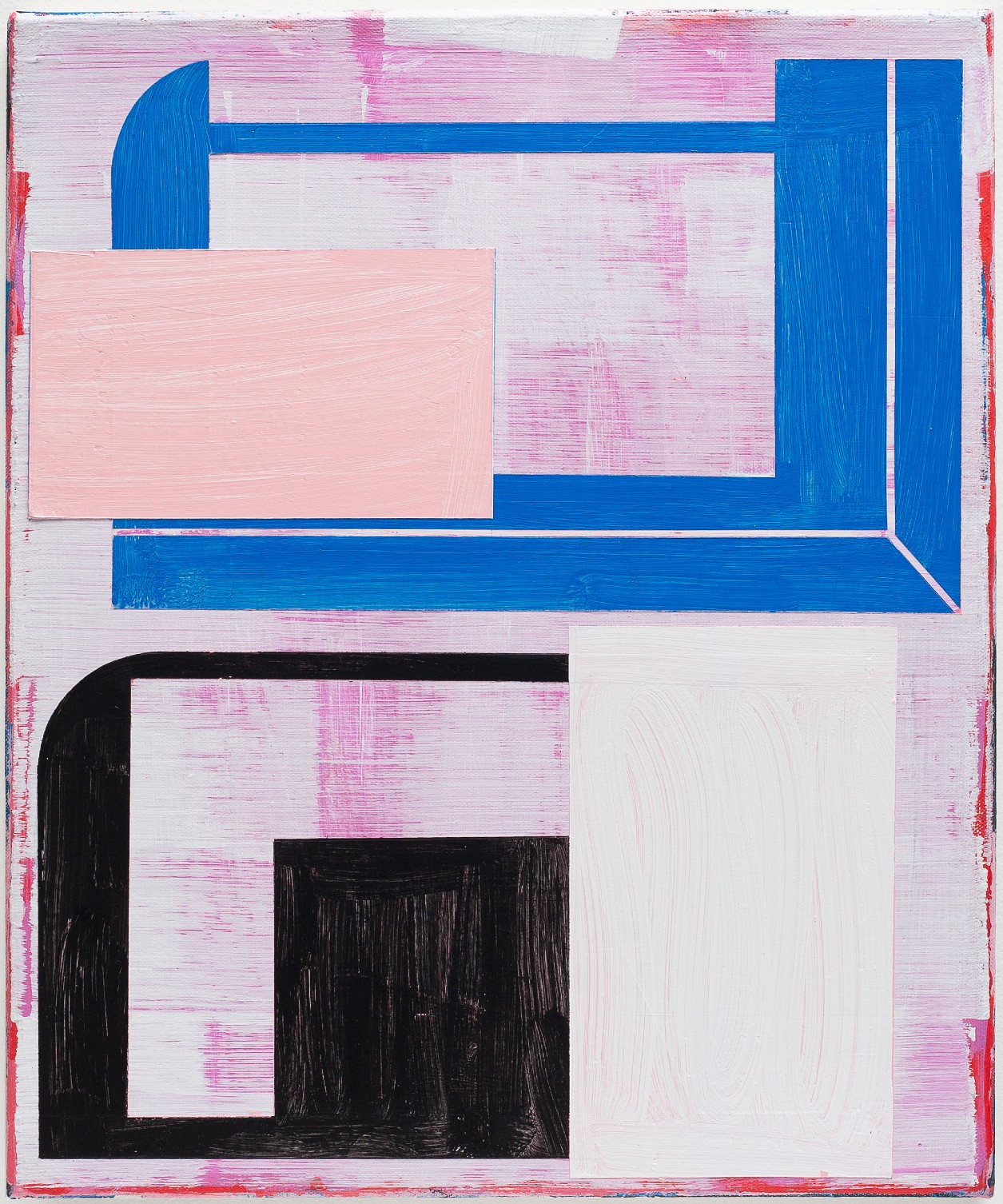 Abstract composition with geometric shapes in bold blue, soft pink, and black on a textured white and lavender background. Rectangular forms and curved elements overlap to create a layered, architectural composition with visible brushstrokes throughout.