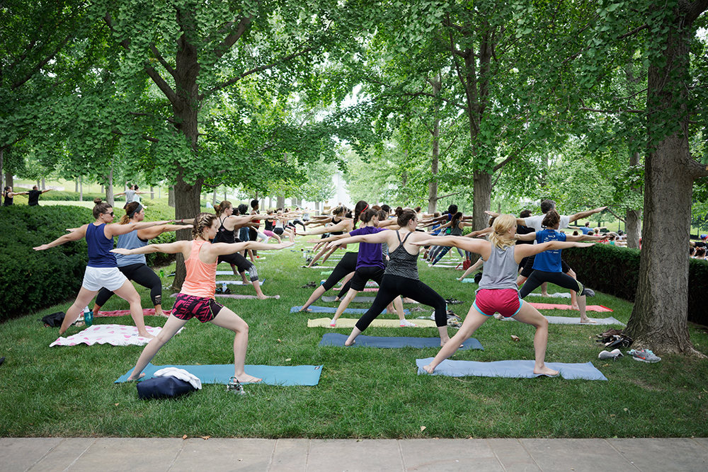 A large group of people performing yoga poses in unison on colorful mats spread across a green lawn beneath tall trees in a park, with their arms extended in synchronization during an outdoor fitness class.