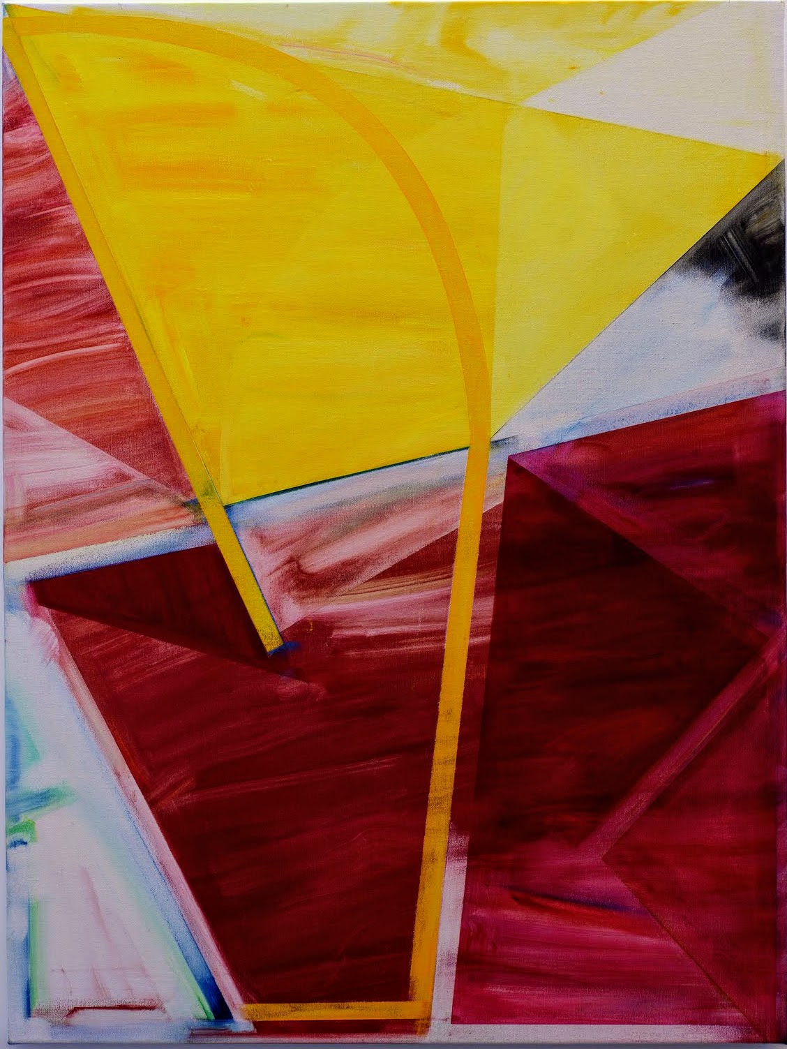 Abstract composition featuring bold geometric shapes in vibrant yellow, deep red, and white, with curved and angular forms creating a sense of depth and movement. Blue and black linear elements accent the composition, emphasizing the interplay between warm and cool tones.