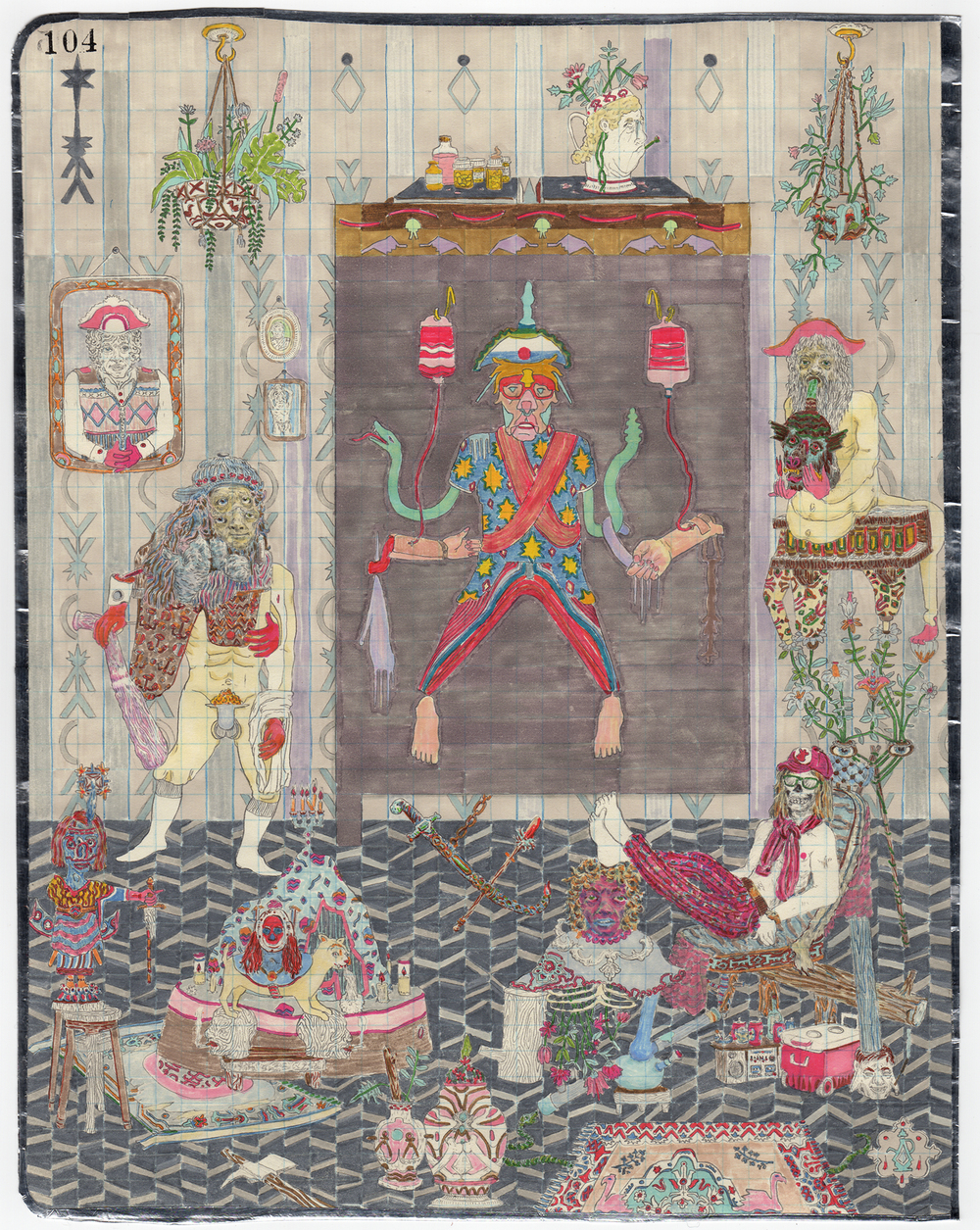 A densely detailed hand-drawn illustration featuring a central figure with green serpentine arms wearing a colorful patterned red garment, flanked by ornate bordered panels containing various spiritual or mythological characters and objects. The composition is filled with intricate decorative elements including hanging plants, candles, vessels, and figures rendered in vibrant colors—reds, greens, yellows, and pinks—against a geometric patterned floor and ornamental wallpapered background.