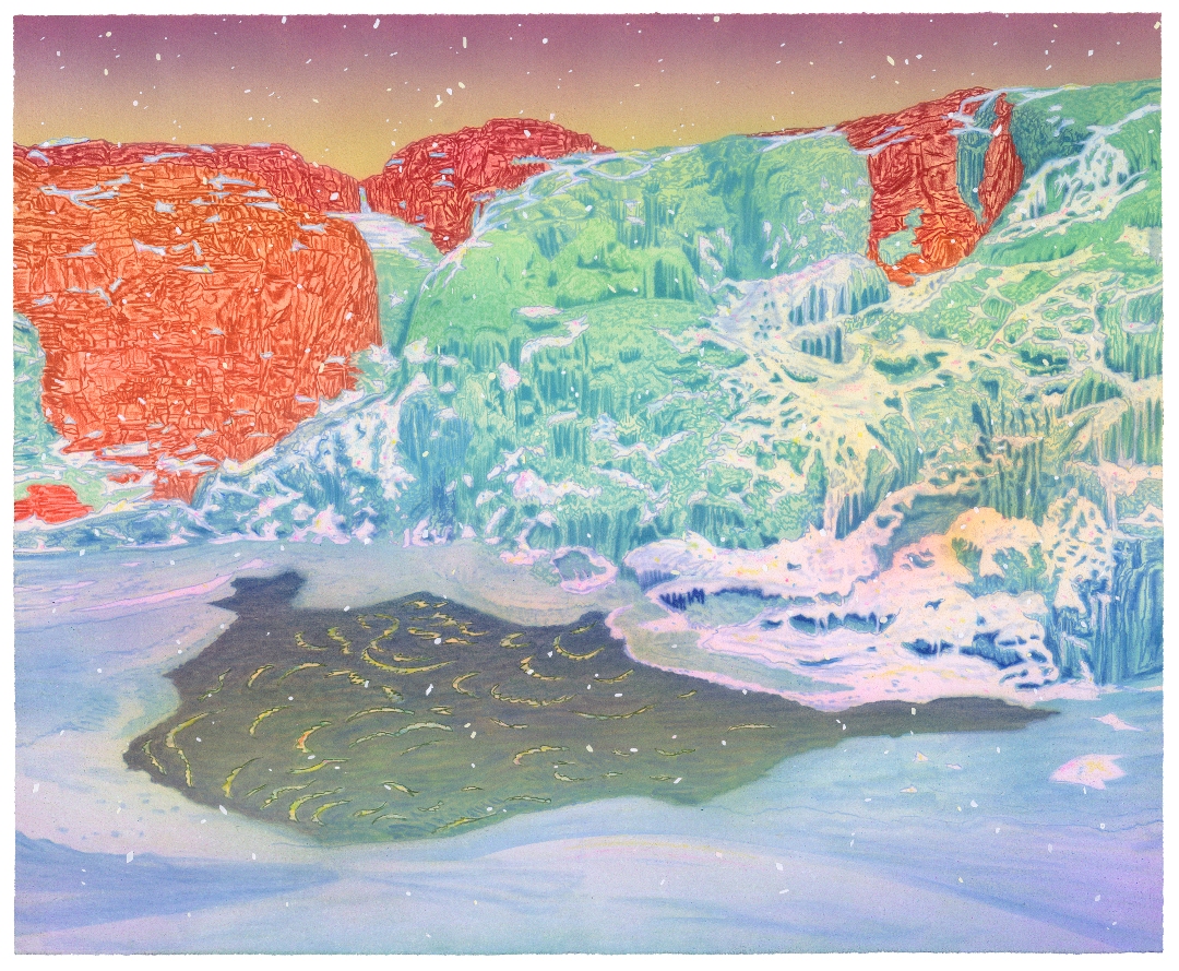 A fantastical landscape rendered in vibrant hues of red, green, blue, and gold depicts towering cliffs and rolling terrain with intricate linear patterning. Snow-dusted peaks and a dark volcanic form emerge from a luminous valley, while a starlit sky in shades of purple and gold frames the surreal, dreamlike composition.