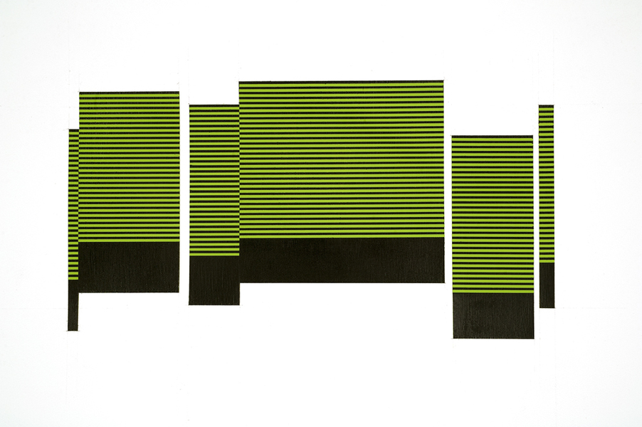 Abstract composition featuring horizontal striped patterns in lime green and black, arranged in stacked rectangular forms that suggest an architectural or landscape-like structure. Dark charcoal bands intersect the composition, creating a sense of depth and layering against a white background.