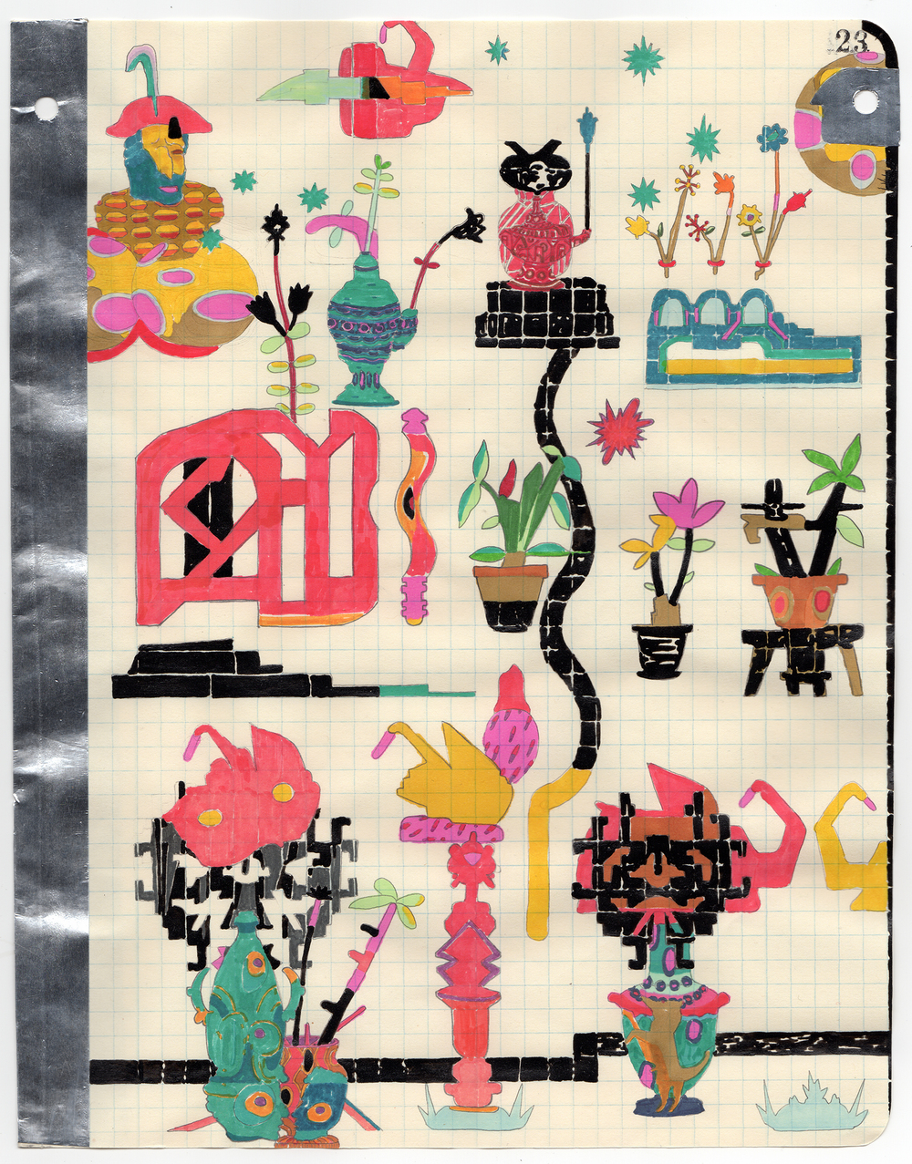 A vibrant mixed-media collage on grid paper featuring bold geometric and organic forms in hot pink, black, teal, yellow, and orange. The composition includes surreal creatures, potted plants with exaggerated features, architectural elements, and decorative motifs arranged across the page with a playful, dreamlike quality, combining hand-drawn illustration with collaged paper elements.